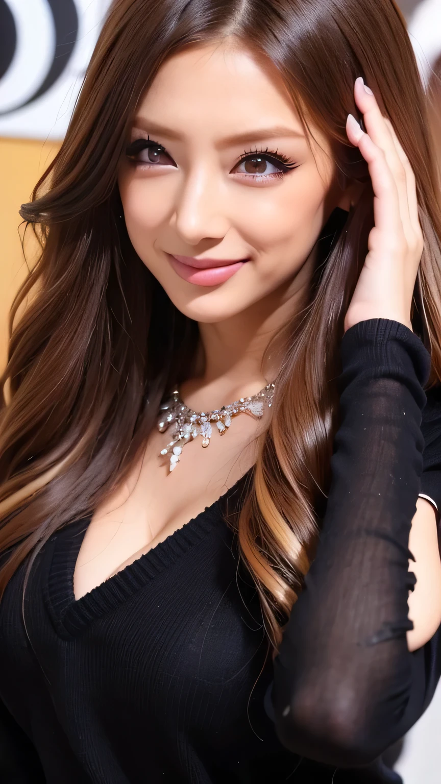 ( COWBOY SHOOTING 、 top quality、8k、 award-winning works 、 ultra high definition )、 beautiful woman、( Black sweater , cleavage:1.1)、Perfect 、( blonde alone :1.1)、 beautiful skin that shines with bright, shiny lipstick 、 a lot of people stand out with clear images 、 bright color contacts 、Perfect gal makeup、 Perfect for an adorable companion 、The sleeve is torn 、( Dark makeup for women :1.2)、( dark brown beige around the eyes :1.1)、 Beautiful Bright Eye Shadow 、 dark makeup around the eyes 、(:1.2)、 super long wavy hair 、(Romantic affection:1.1)、 amazing adult appeal The best smile he has when he sees me 、( there are many people that accentuate body lines ..:1.1)、(Strongly blurred、 a 。:1.1)、( The image is clear 、 jacket :1.1)、 accurate 、 ultra HD hair、( ultra high definition の完璧な美しい歯:1.1)、Ultra HD beautiful face 、 ultra HD hair、 crystal clear bang 、Ultra HD Shining Eyes、輝く ultra high definition の美肌、 ultra high definition の艶やかな唇、 Harry Winston necklace