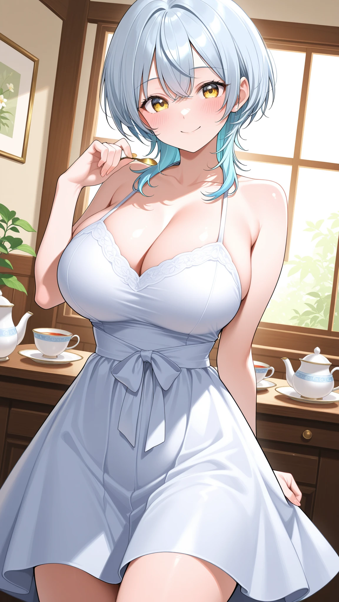 pokémo、big ???? milf、big ???? milf、big  milf、water lily mom、Water lily and water lily&Sui's guardian、Deliver ingredients to Aina Shokudo、blue eyes、black hairs 、freckles、hair ornaments、long hair、flowing bangs、(Pupil 1.5)、BREAK blouse、Blue Skirt、bracelet、clavicle、dress、gem、long skirt、shirt、short sleeve、skirt、White shirt、BREAK Viewer、The hairstyle is a single knot.、The tied part looks like a ship's anchor.。whole body、(cowboy shot:1.5)、BREAK indoor、BREAK (master piece:1.2)、highest quality、???? curves, clevage exposing