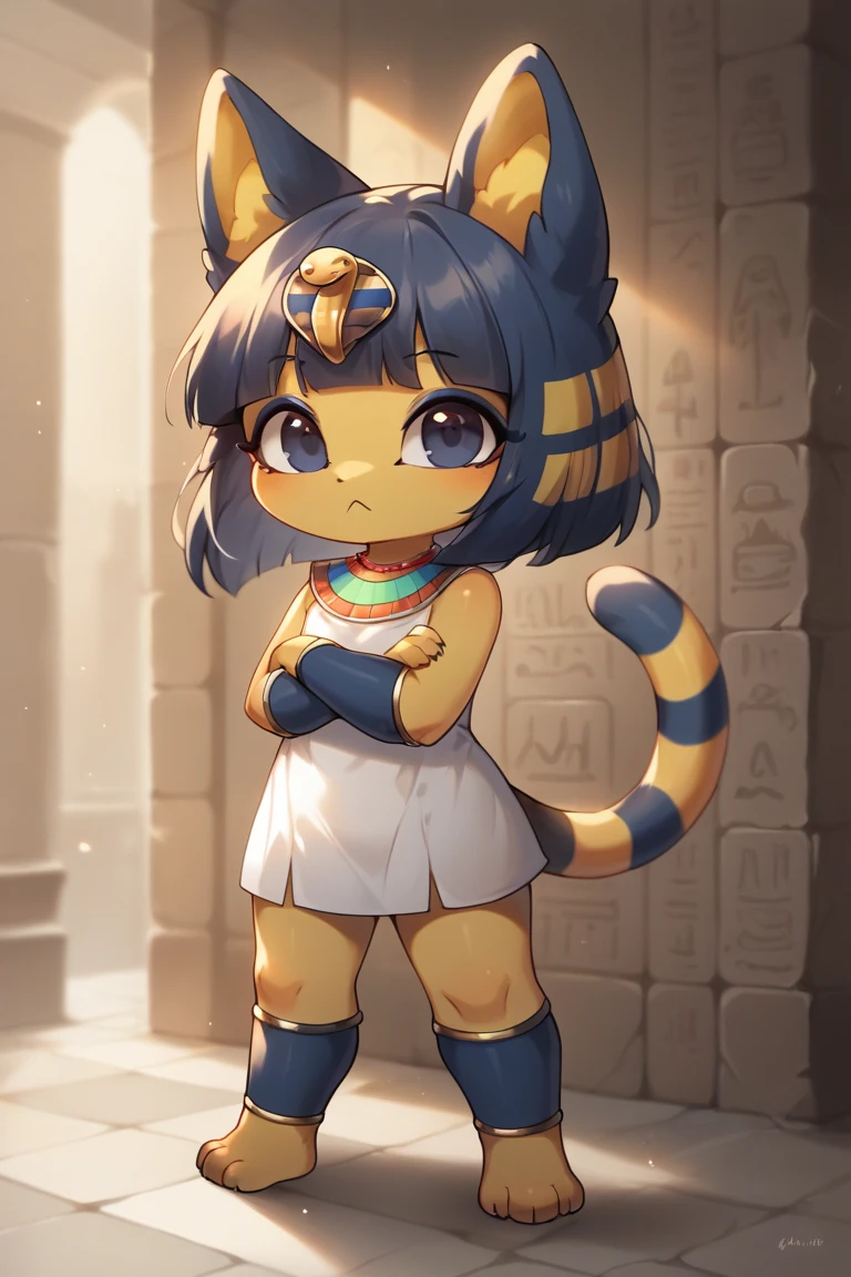 ((best quality)), ((masterpiece)), (detailed),  digital artwork of a  yellow cat ankha with abs wearing a crop top of her white sleeveless dress with white long dress skirt, a  midriff and a  navel, , Egyptian setting, anthro, furry style, tail, she looks snobbish, sideview navel piercing,  blue Egyptian handbands