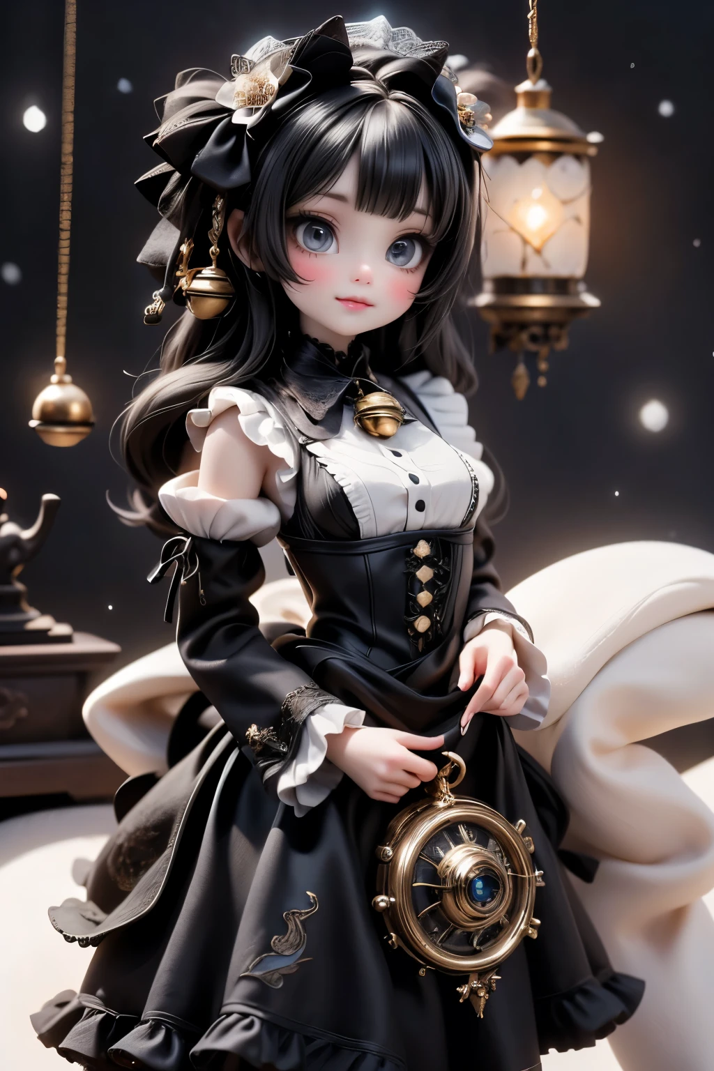 (Senorito Bonita:1.3), twirling alone at midnight in the Grand Atrium of the Cathedral of Gears. Her gown: deep black velvet with silver-thread holly and ivy motifs, high lace collar, bell-shaped sleeves lined with faintly glowing blue thermal threads. As she spins, her skirt lifts in a slow, solemn spiral — beneath, petticoats embroidered with constellations and tiny blackened-star ornaments. A single dried poinsettia, preserved in glass and brass, rests at her hip. Around her, towering stained-glass windows show scenes of winter saints and quiet miracles; outside, snow blankets gargoyles holding tiny lanterns wrapped in black ribbon. A silent choir of clockwork angels hangs above, frozen mid-hymn. Her expression: serene devotion, not joy — a soul honoring the hush of the longest night. Romantic, sacred, gothic Christmas elegance.