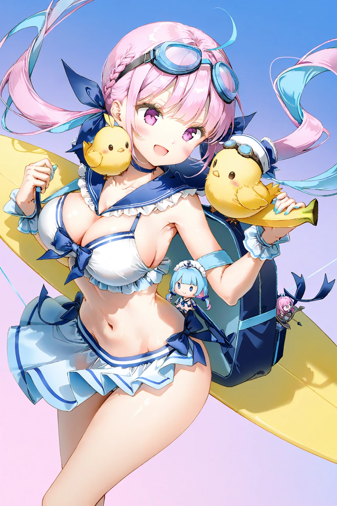 cinematic animation-style illustration in (Anmi:1.2) and (GAOU),subtle gradients, soft translucent layering, cute, expressive and whimsical facial charm, character design with playful proportions, /k.s†
(Minato Aqua),A girl in a ruffled sailor swimsuit with a skirt and large breasts, softly squishing upon contact, wearing cute goggles on her head and carrying an explorer’s backpack on her back. She holds a small yellow bird-like plushie while riding a banana-shaped surfboard. She stands dynamically on the board in a vibrant, polished interface-style background inspired by mobile game home screens, anatomically correct hands, Azur Lane aesthetic.