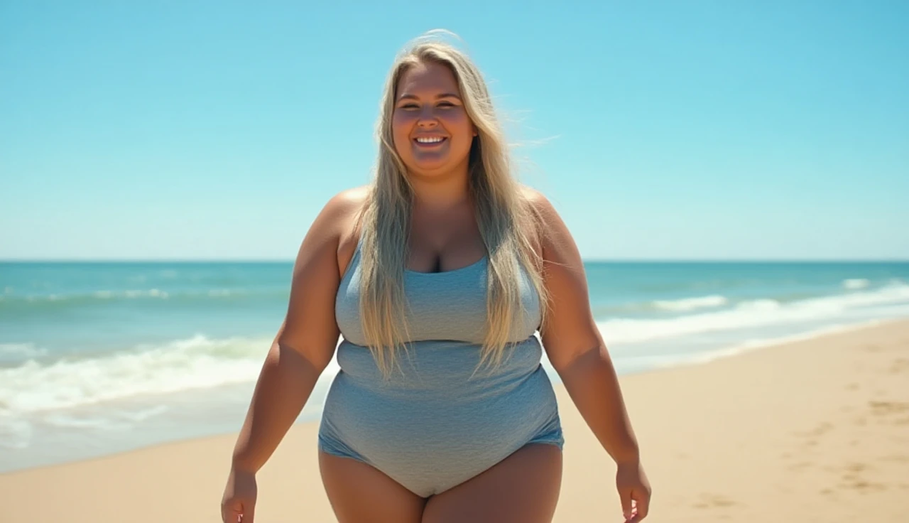 A white obese girl grinning. She has long white hair and is wearing a sun hat. She has sunglasses on which cover her eyes. She has a nose ring. She’s wearing a tight blue ?????? top and blue shorts. Standing on the beach. SSBBW. 450 pounds. Masterpiece quality. Round face. Double chin.