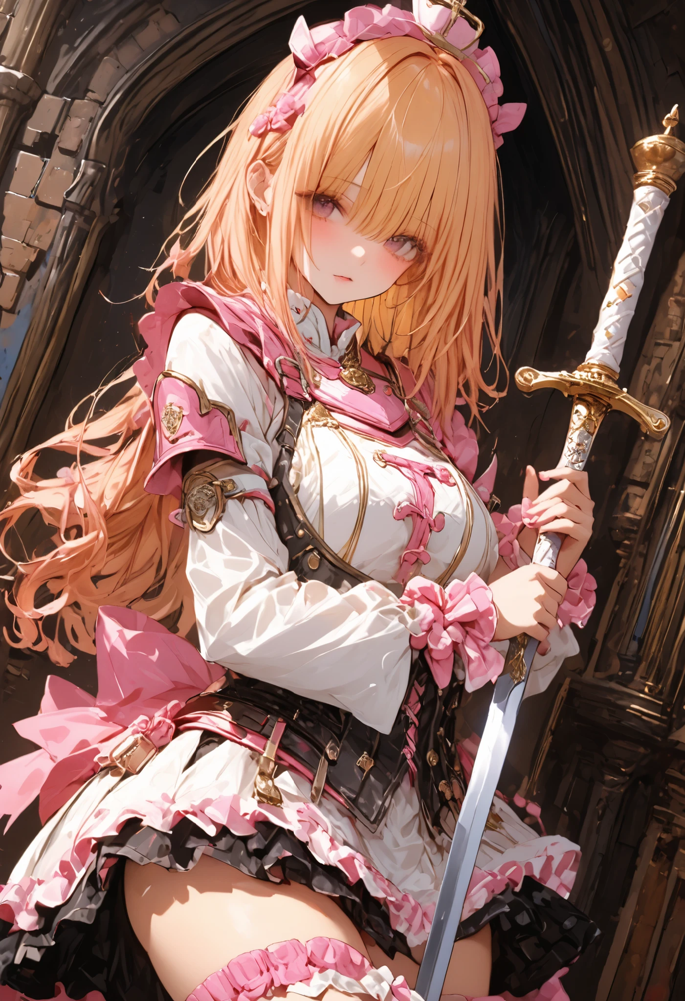 Knight of Cakes、The personification of a cake、Cookie Armor 、Beautiful girl、Candy Castle、 Cookie Bricks、The Knights in Armor、strong pose、holds a large sword、Cream dances、(masterpiece,Highest Quality,ultra detail,Ultra High Resolution,detailed background),((colorful)),(1girl),watch the viewers,solo,