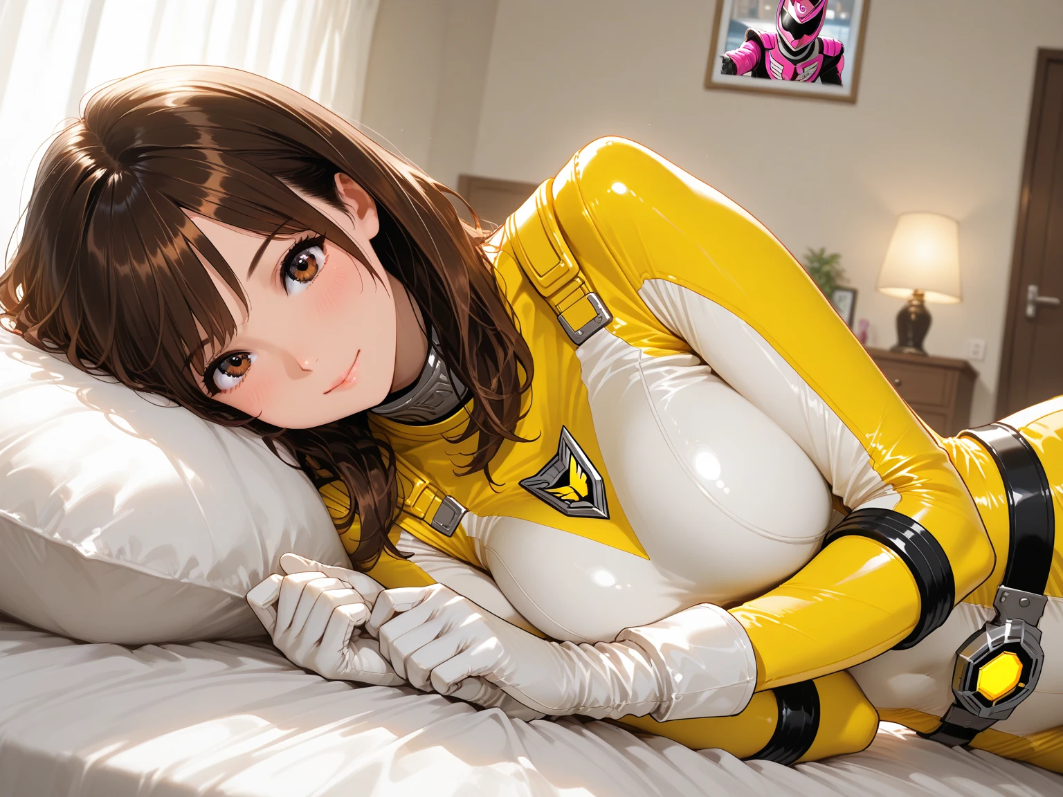 score_9, score_8_up, score_7_up, source_anime, BREAK,
1girl, solo, BREAK,
b0uk3ng3r, yellow bodysuit, yellow gloves, yellow skirt, miniskirt, shoulder pads, silver belt, yellow footwear, knee boots, no headwear, shiny clothes, spandex, <lora:Boukenger:1>, BREAK,
brown hair, choppy bangs, short hair, twintails, yellow eyes, medium breasts, BREAK,
kneeling, embarrassed, full-face blush, shocked, surprised, constricted pupils, open mouth, (looking up:1.5), looking at viewer, hands on own thighs, clenched hands, BREAK,
(from above:1.5), indoors, hotel room, on bed
