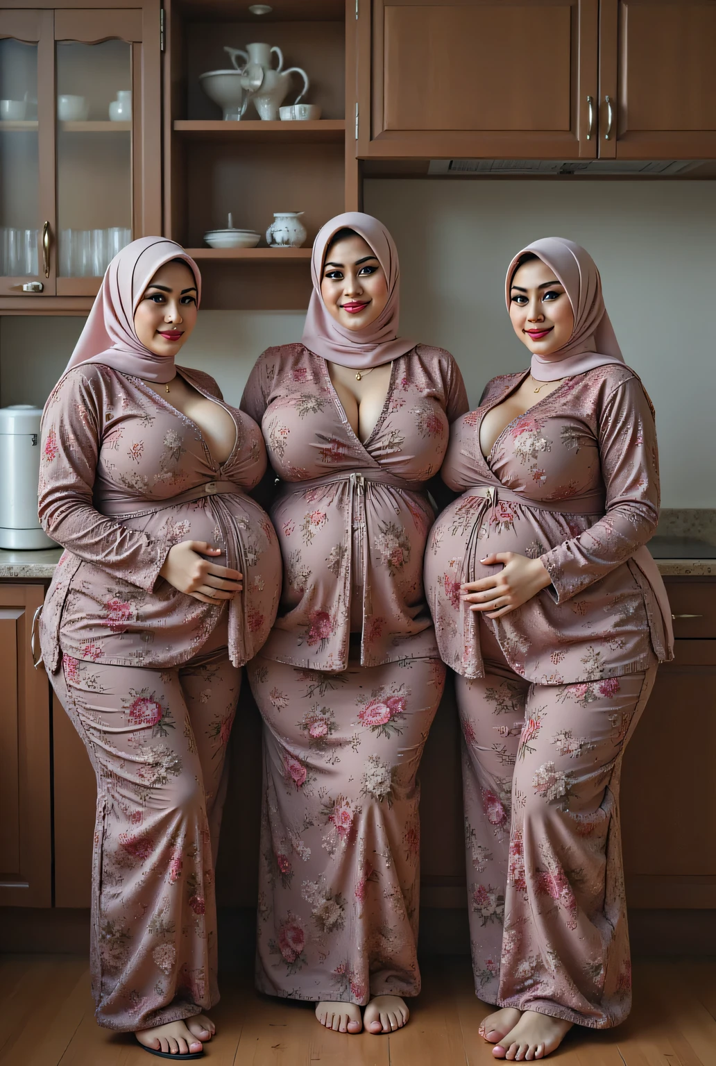 3 preggos indonesian girls , hijab, huge belly, huge ass, huge tits , wearing kebaya batik Indonesia, background in kitchen