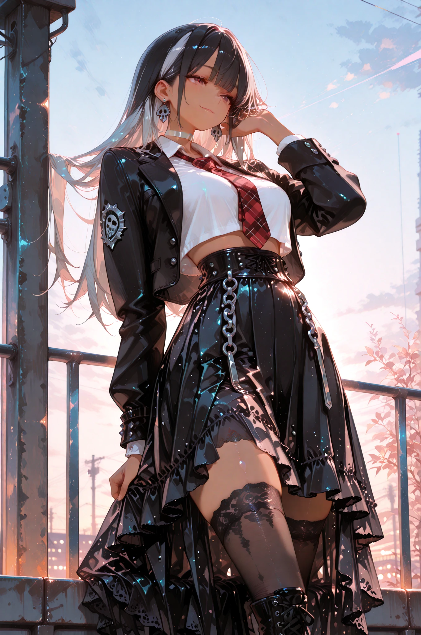 Best Quality, Realistic, Realistic, Award-Winning Illustrations, (Intricate Details: 1.2), (Fine Details), (Intricate Details), (Cinematic Light, Best Quality Backlight), Clear Lines, Sharp Focus, Official Art, Unity 8k Wallpaper, Ridiculous, Incredibly Ridiculous, Fantasy Art, RTX,long hair, 1girl, hair ornament, twintails, solo, , blue eyes, cleavage, bow, bear hair ornament, necktie, blonde hair, smile, bangs, , looking at viewer, collarbone, shirt, nail polish, red bow, black shirt, , bra, skirt, choker, black bra, sleeves rolled up, white necktie, red nails, open mouth, pleated skirt, red skirt, shiny, teeth, , miniskirt, shiny hair, upper body, school uniform, pink hair, boots, upper teeth only, plaid skirt, blush, knee boots, plaid, black footwear, cross-laced footwear, junko enoshima 