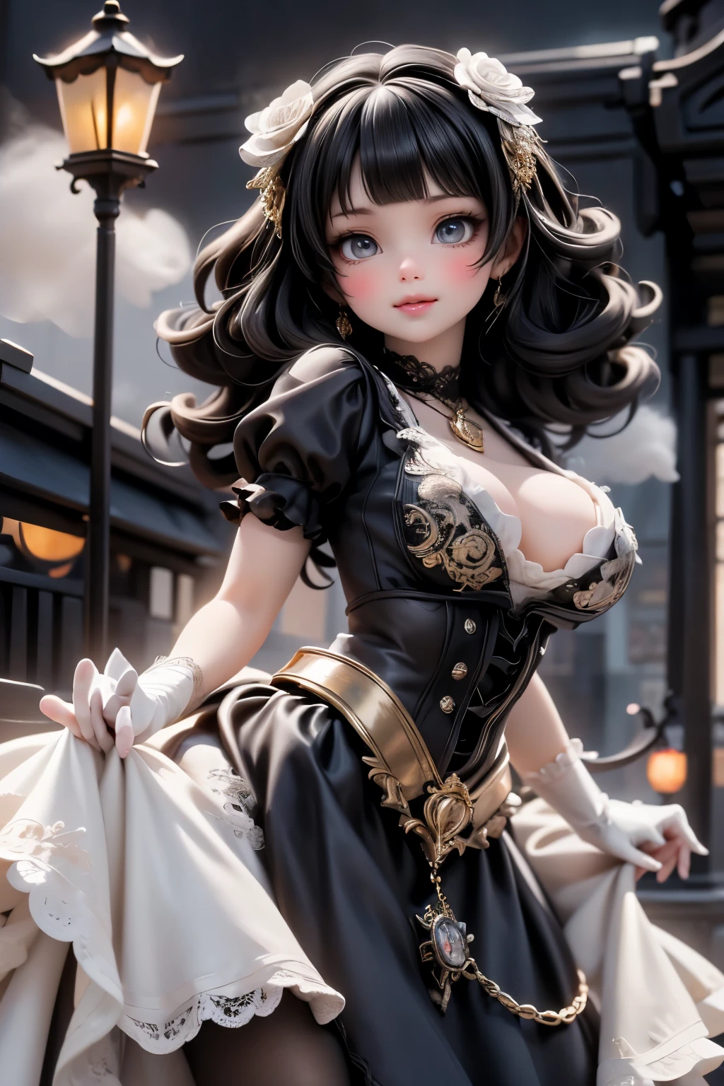 mid-rotation pose, twirling slowly on a frost-dusted brass balcony in the City of Steam and Lights at night. Her voluminous gothic gown — black satin over layers of charcoal tulle with silver gear-embroidered hem — lifts and spirals around her, (black hair), revealing delicate lace petticoats and a glimpse of clockwork-patterned stockings. She wears elbow-length lace gloves, a choker with a tiny ticking locket, and a hairpin shaped like a frozen black rose. Snowflakes swirl in her wake, catching light from glowing amber lanterns and distant stained-glass windows with subtle holly motifs. Behind her, steam rises in soft curls from rooftop vents shaped like griffins. Her expression is serene, eyes half-closed, lips parted — lost in a dreamy waltz. Romantic, cinematic motion blur on the skirt’s edge, sharp focus on her face and locket. Gothic steampunk winter fashion in motion. fashion illustration, dynamic pose, chiaroscuro lighting, elegant motion, winter fantasy. (((parade)))