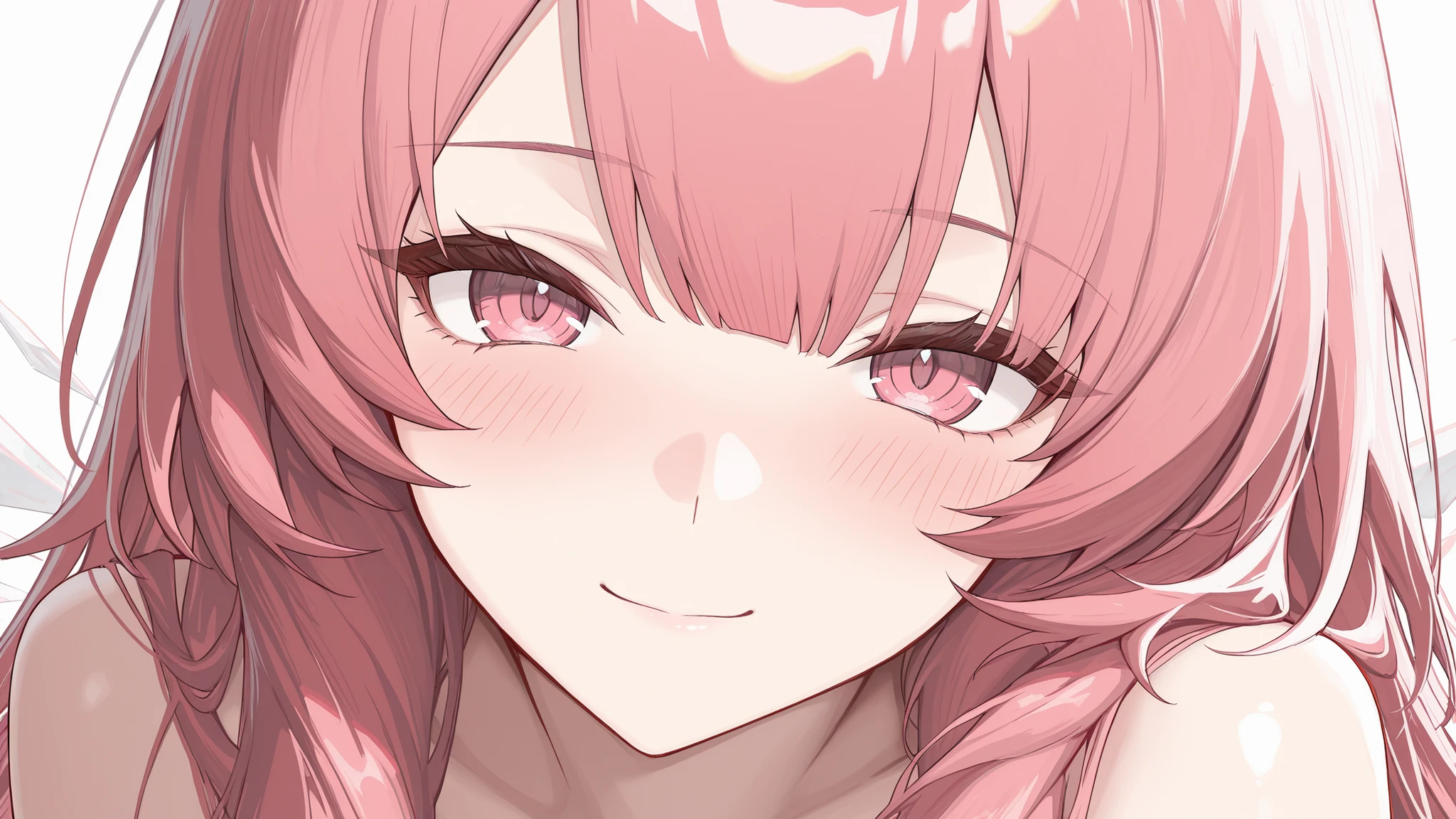 masterpiece, best quality, absurdres, beautiful detailed, eroge, 1girl, lemuen_\(arknights\), pink eyes, pink hair, straight_hair, white halo, crystal wings, nude, seductive pose, blush, close-up, smile, simple background, white background