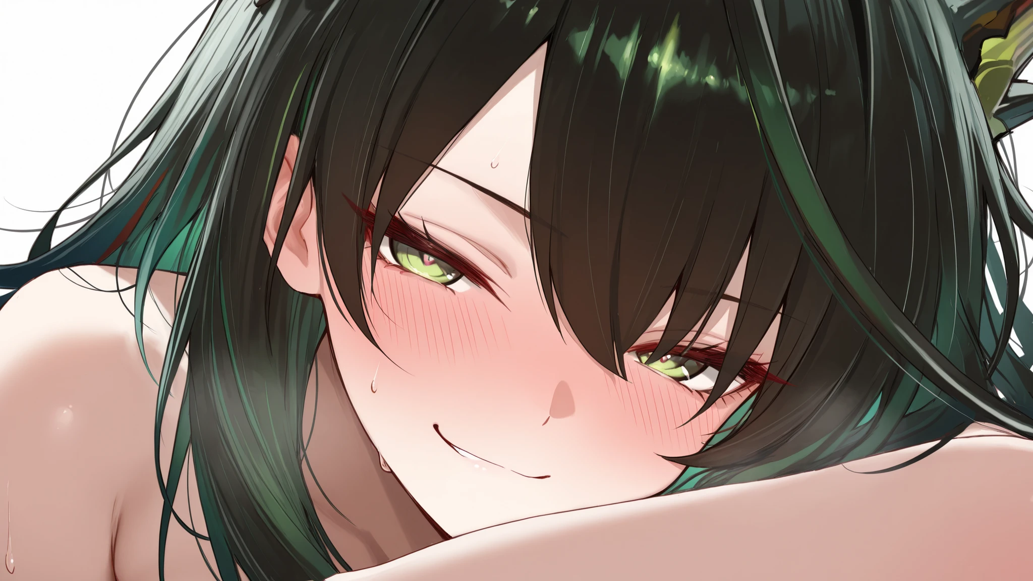 masterpiece, best quality, absurdres, beautiful detailed, eroge, 1girl, mon3tr_\(personification\)_\(arknights\), black hair, colored inner hair, green hair, green eyes, nude, seductive pose, blush, close-up, smirk, simple background, white background