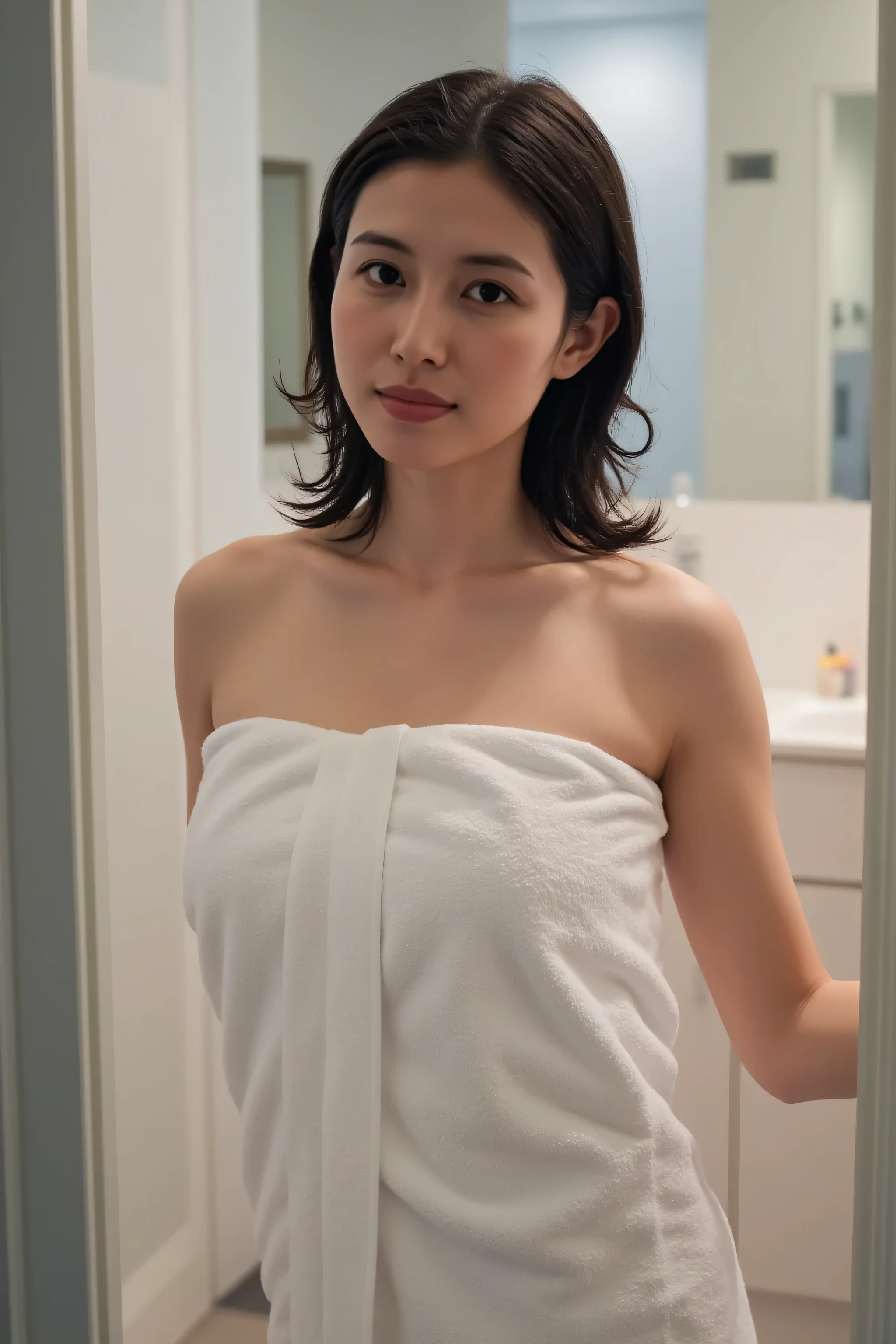(Highest Quality、Table Top、8k、best image quality、Award-winning work)、one beautiful woman、(The woman's body is wrapped in a bath towel:1.5)、(bread:1.1)、( Perfect Bath Towel:1.5)、(Standing in the bathroom entrance:1.5)、Wet Black Hair、( standing between open bathroom doors:1.5)、(I see a blurry bathroom behind the woman:1.2)、accentuates body line、( wet shiny black hair :1.2)、(Ultra high definition moist glowing skin:1.1)、(ultra-high definition shiny moist skin covered with semen:1.1)、Upper Body Pictures、brightly illuminated face、Very bright、 Ultra High Resolution Beautiful Face 、Perfect and beautiful teeth、Ultra High Resolution、ultra high definition hair、( Ultra high-res wet glossy skin :1.1)、 Super high-res gloss lips、(ACCURATE ANATOMY:1.5)、looks at me and smiles