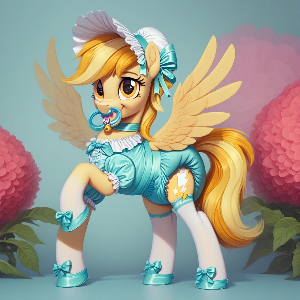 earth pony in private , adult mare, Applejack , on top of them, most of the mane is wrapped in a dark light bonnet with white trim on the edges , there is a small pigtail on the back with two bows , purple eyes , stands on four hooves , wide open back hooves , dressed in an ornate formal light green and yellow maid outfit with ruffles and ruffles and a short skirt, on the neck there is a steel collar with a purple tint and a bell , white stockings and black booties over hoof socks , big white pacifier with straps , thick under clothes, on top of the , black plastic with a white steel belt , solo, simple background.