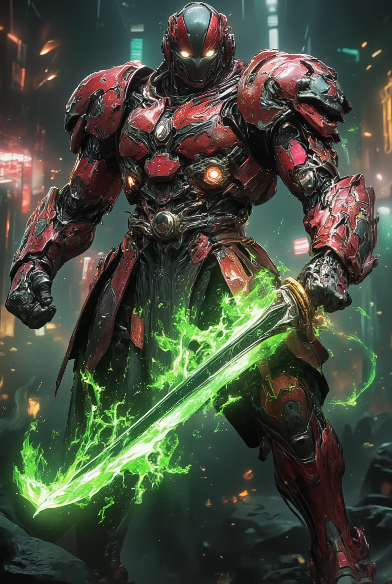 Masterpiece:1.2), best quality, high resolution, Unity 8K Wallpaper, (super real illustration:1.0), Beautiful Details, very detailed on trends, perfect lighting, neon colored, very detailed on trends CG, Shine eyes, backlit, armor, Shine, full_armor, warframe, stunning humanoid_robot lady, tall, (Martial arts fighting pose:1.5),  mask ,sample_background, arms, scary monsters, iridescent red and shiny silver and matt black_armor, Audience, alone, perspective, Anatomical accuracy, bold composition, cool fighting pose, Burning Fist, green fire, Exudes an aura