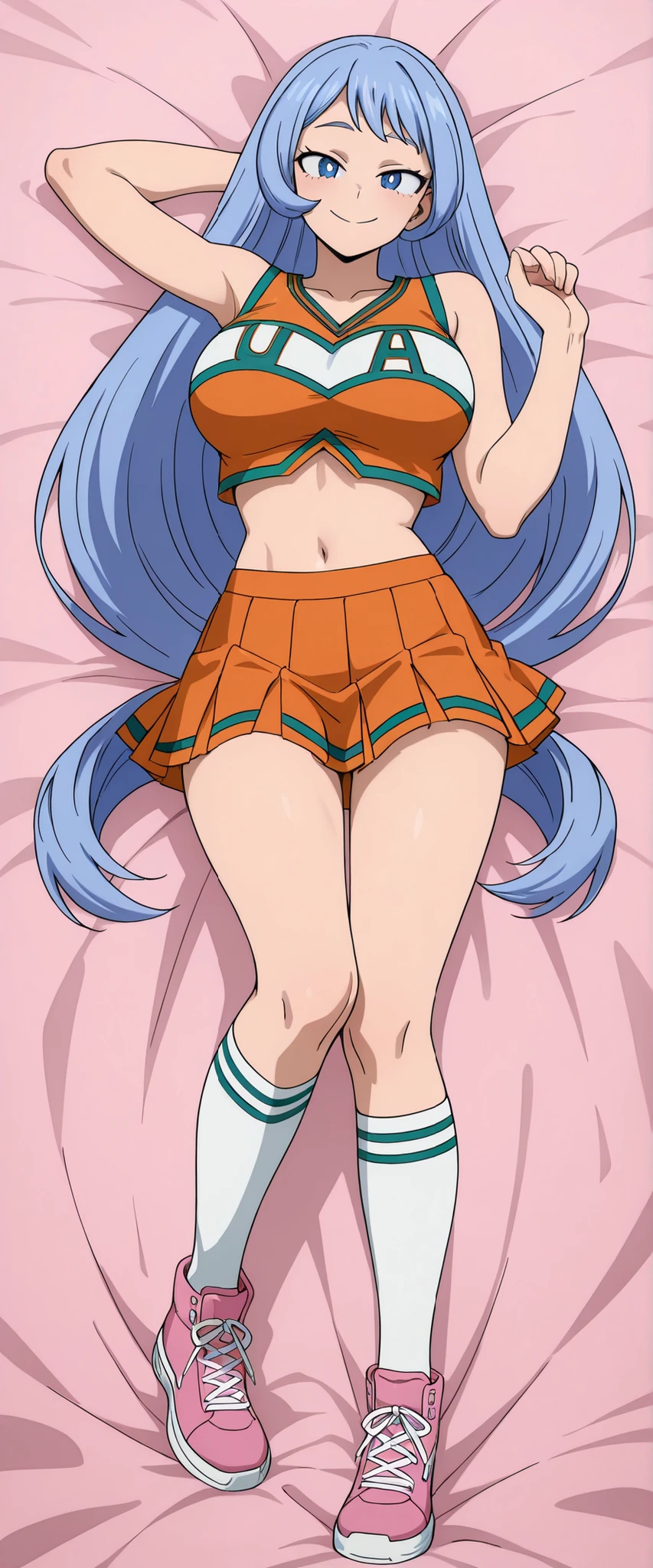 	hadou Nejire \my hero academia\, 
blue hair, very long hair, large breasts, 

U.A. cheerleader uniform, 
U.A. crop top, orange crop top, midriff, 
pleated skirt, orange pleated skirt, 
white socks, kneehighs socks, 
sneakers, pink sneakers, 

happy, cute expression, 1girl, solo, 
laying on bed, full body, lascivious pose, 

dakimakura, 

masterpiece, best quality, highres, cute anime waifu, mature anime female, skinny, shapely hips, anime coloring, flat colors, 