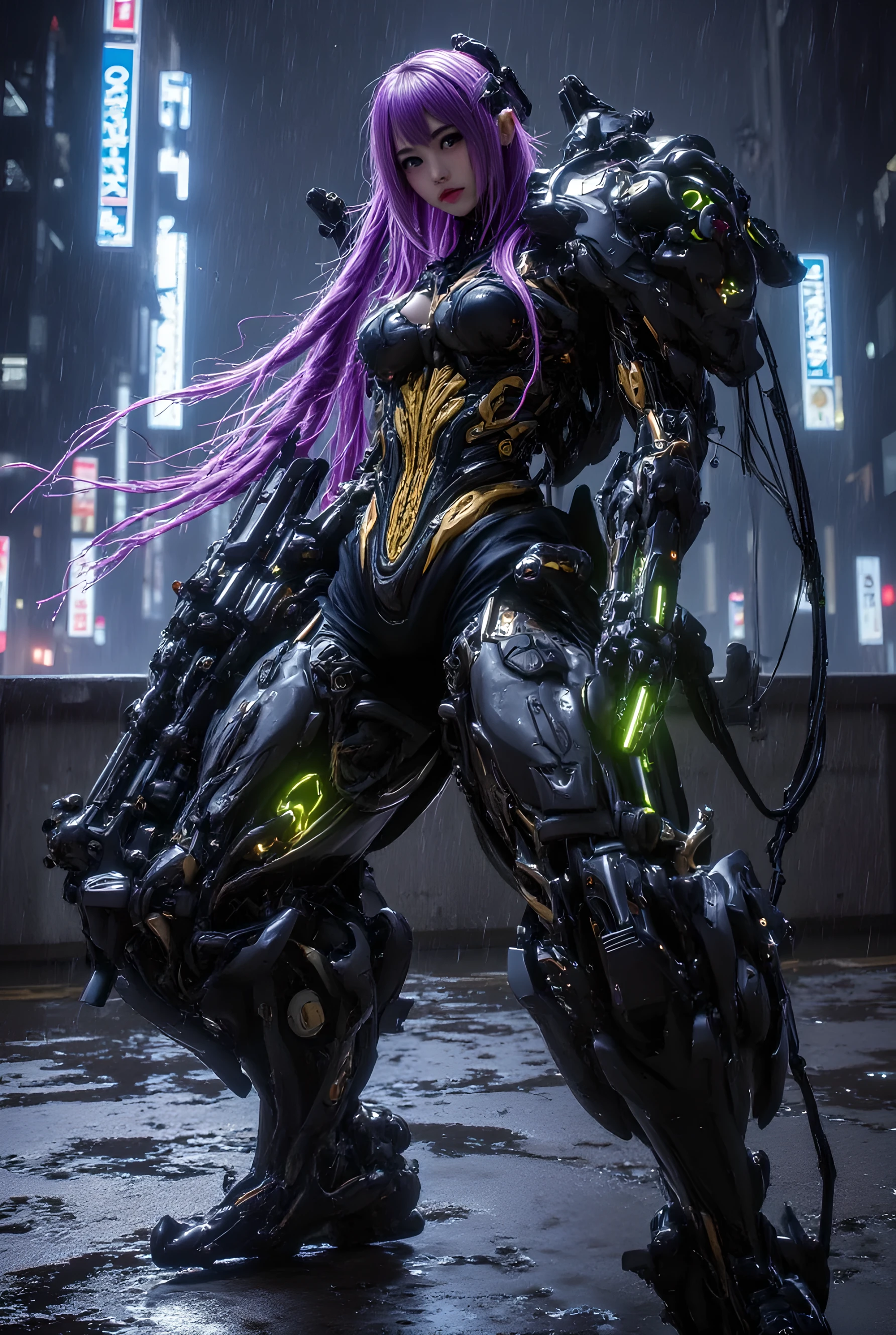 masterpiece), (best quality), ultra-detailed, cinematic live action style, solo Japanese female cyborg standing on a rainy rooftop at night with a large Cybernetic machine gun in hand, glowing neon cityscape in the background, (long purple braided hair:1.4), (glowing green eyes:1.2), pale skin, athletic and curvy body, medium chest with biomechanical enhancement, chest and upper torso exposed with pale skin showing glowing Deus Ex-style segmented panel lines and circuitry, fully cybernetic arms with sleek black and gold segmented armor, glowing gold spinal implant visible along her back, partially worn sleek black and white bodysuit with high-tech detailing on legs and arms, wearing her signature long dark tactical coat, rain-soaked and flapping in the wind, open at the front revealing her biomechanical body, high-tech visor retracted above one eye or missing, rain dripping off her skin and armor, standing in a rooftop puddle reflecting city lights, confident and intense expression, Kira in her Interface Prime form