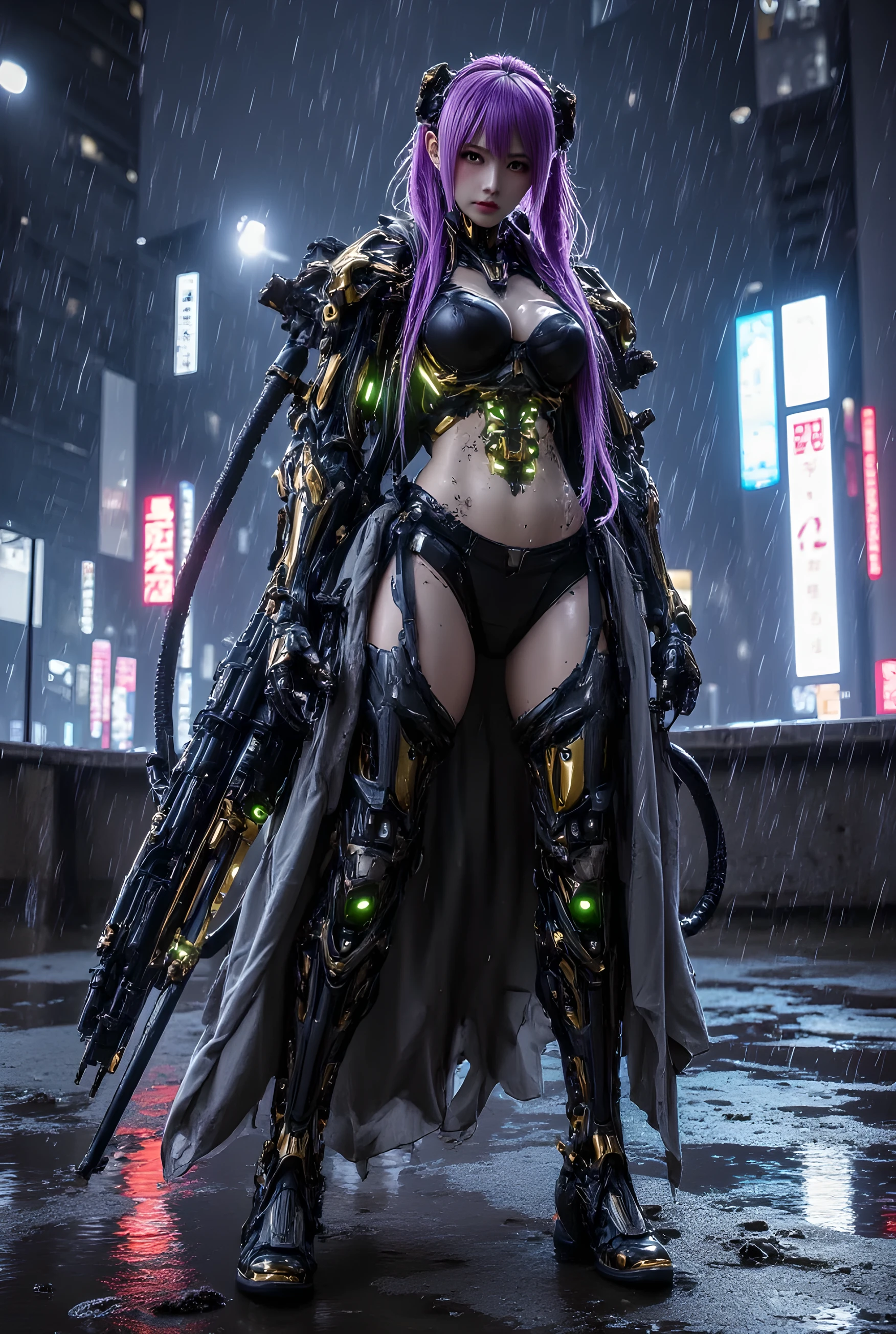masterpiece), (best quality), ultra-detailed, cinematic live action style, solo Japanese female cyborg standing on a rainy rooftop at night with a large Cybernetic machine gun in hand, glowing neon cityscape in the background, (long purple braided hair:1.4), (glowing green eyes:1.2), pale skin, athletic and curvy body, medium chest with biomechanical enhancement, chest and upper torso exposed with pale skin showing glowing Deus Ex-style segmented panel lines and circuitry, fully cybernetic arms with sleek black and gold segmented armor, glowing gold spinal implant visible along her back, partially worn sleek black and white bodysuit with high-tech detailing on legs and arms, wearing her signature long dark tactical coat, rain-soaked and flapping in the wind, open at the front revealing her biomechanical body, high-tech visor retracted above one eye or missing, rain dripping off her skin and armor, standing in a rooftop puddle reflecting city lights, confident and intense expression, Kira in her Interface Prime form