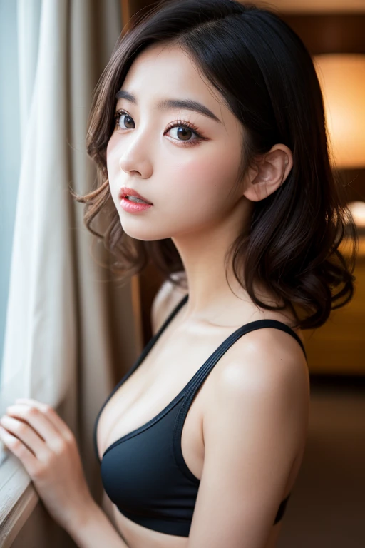 High resolution、Fashion Model、long。Up Hairstyles、、slender body、high nose、sad expression、、wearing a leotard、Clean and clean、eyeliner、Intelligent girl、bathing