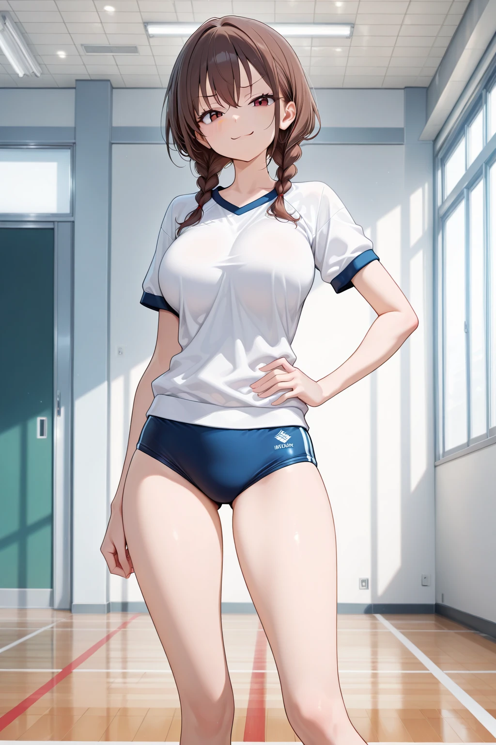 score_9, score_8_up, score_7_up, source_anime BREAK pinup of 1girl, anime illustration, anime style, sitting on desk, (one's legs spread:1.3), 1lady, solo, ( lady1.3), large , brown hair, red eyes, Various lengths of hair style, parted bangs, school swimsuit, shoes, smirk, grin, (blush), (my room background:1.2)