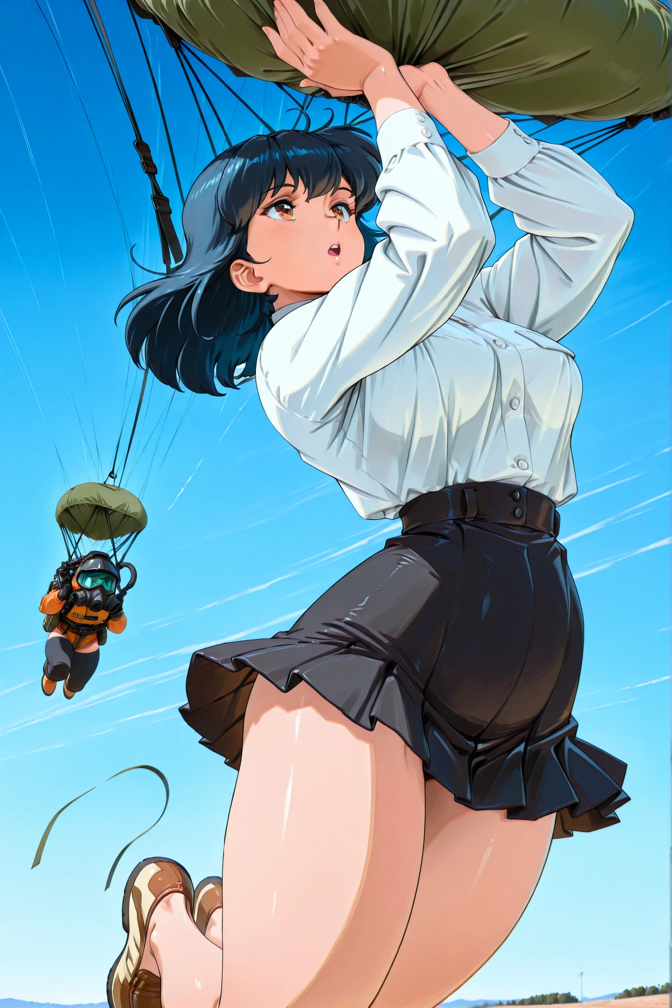 COMPLETED_120%, COMPLETED_130%, COMPLETED_150%,((Parachute 🪂: 1.5)), ((Putting on a parachute 🪂: 1.5)), ((Falling from the sky 🪂 1.5)), score_9_up, masterpiece, best quality, Gas mask,(16 to 15 years old), (Extremely beautiful girl), (Parachutes from the sky), (Clear blue sky: 1.5), (Skirt:1.5), (Fantastic), (floating skirt: 1.5), (Detailed photographic description), (MASTERPIECE), (Superb technique: 1.2)(16 to 15 years old), (Extremely beautiful girl), (Parachutes from the sky), (Clear blue sky: 1.5), (Skirt:1.5), (Fantastic), (Nikon f1.4: 1.5), (Detailed photographic description), (MASTERPIECE), (Superb technique: 1.2)Japanese anime style, anime cels, from girls to adult women, miniskirts, highlighting miniskirts, casual clothes, stunning beauty, perfect hairstyles, perfect facial features, perfect faces, model-like styles, model-like bodies, exquisitely crafted hair, exquisitely crafted skin tones, exquisitely crafted clothing, exquisitely crafted thighs, exquisitely crafted backgrounds