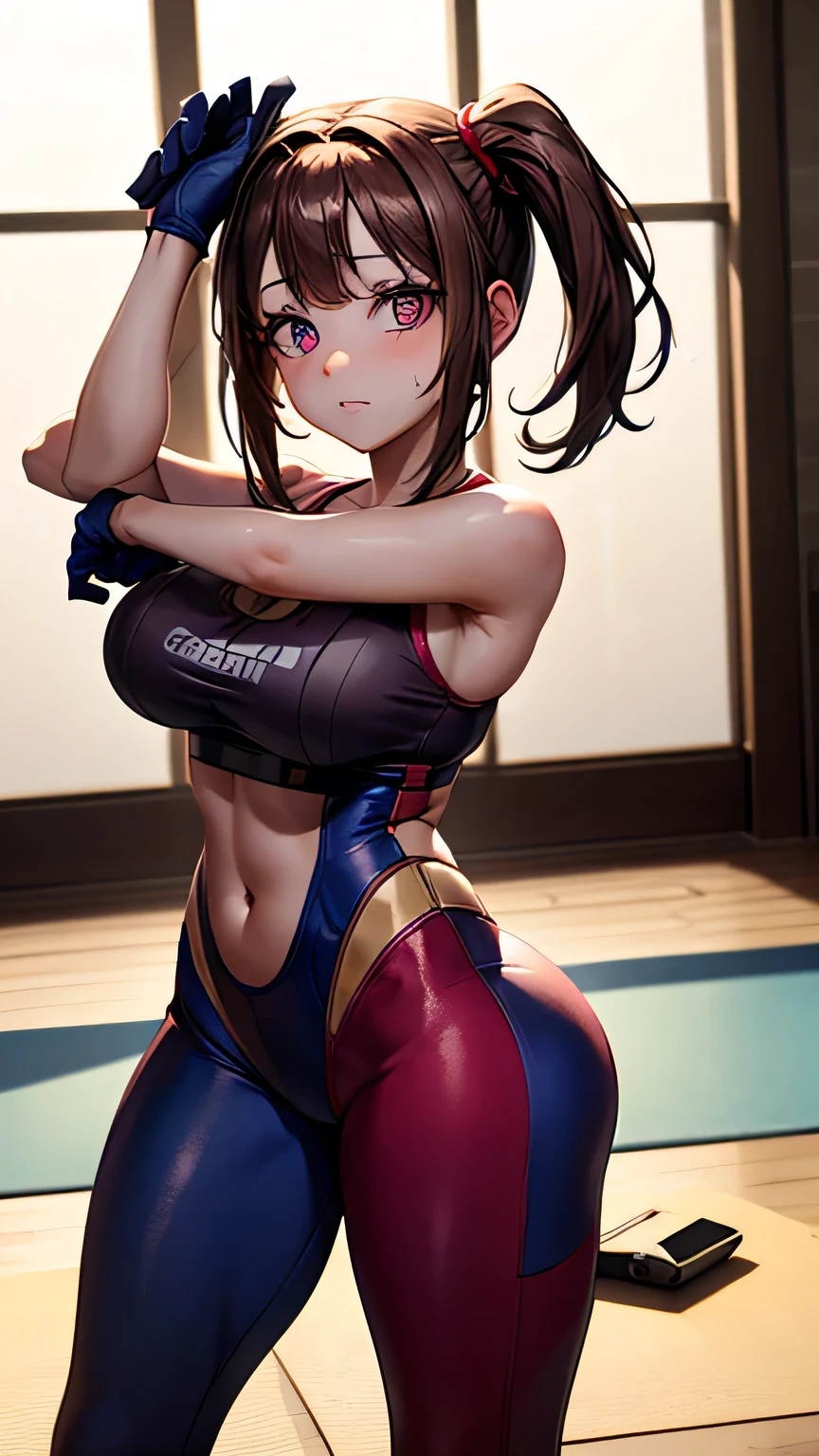 High quality masterpiece, (Unreal Engine), reality:1.8, Ultra-high resolution, Rich contrast, Very high quality, 8k, High definition texture, Astonishing absolute resolution, Advanced Settings, colorful, Clear images, Sharp focus, Digital Blending, (Hasselblad Photos, Dynamic Angle),
1 girl, pomni, Big Breasts, pigtails, Red eyes and blue eyes, gloves, ((Wear a tight yoga suit, Bold and sexy yoga poses ,Hot Yoga, Sweat makes your yoga wear transparent)),
indoor, Hot Yoga,