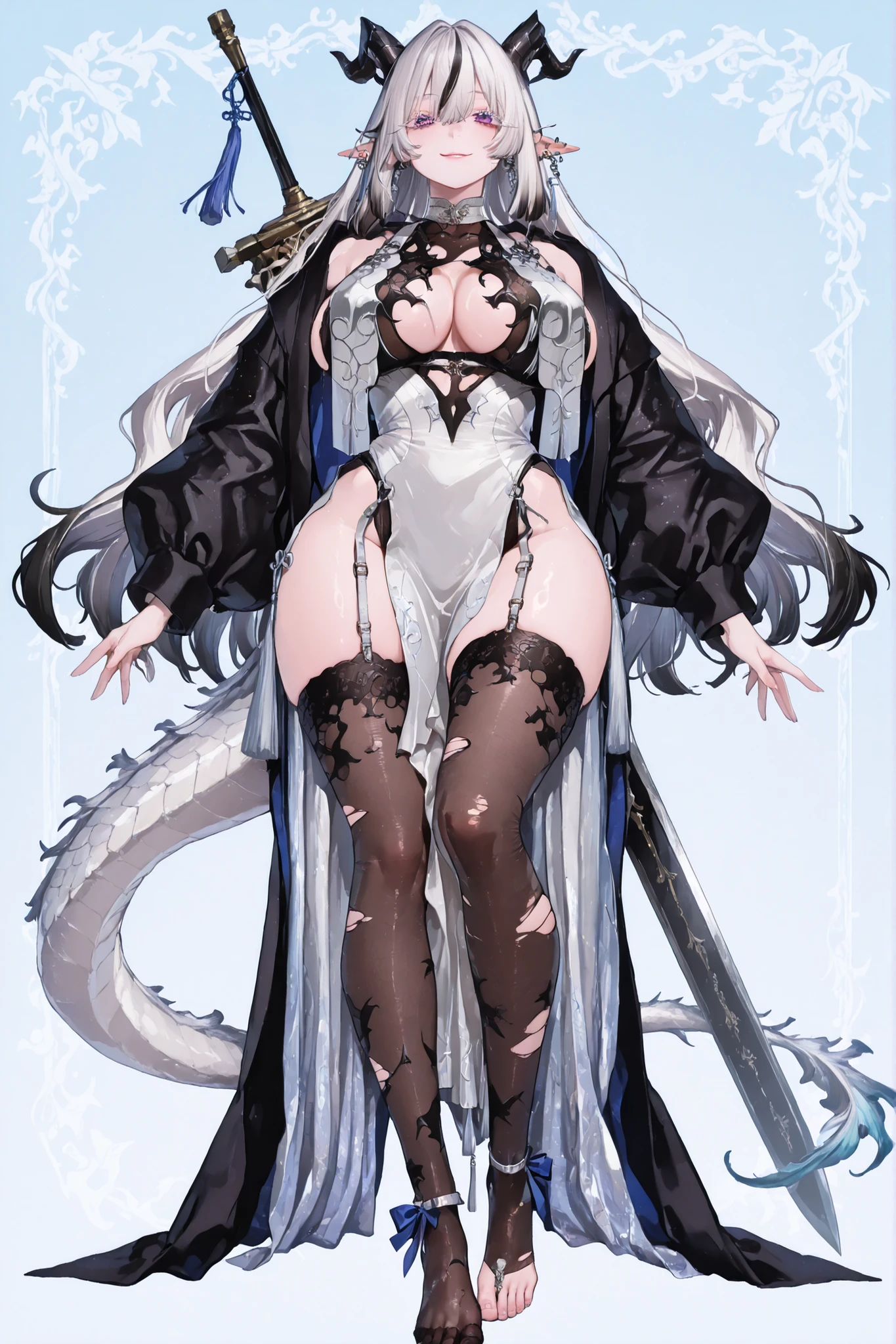   8k wallpaper、    top quality 、masterpiece,   748cm スThailandル   、sexy black bralette dress with fishnet top beneath,   woman 1 person、ribbon、piercings and earrings on her ears,  pointy elf ears, black ripped pelvic curtain dress、 cute black oversized coat with puffy sleaves with open sholders, chains and Accessories on clothes,  dark pantyhose and fishnet、 black knee socks 、rororogi mogera、 style strap 、 Thailand、  pantyhose、、black hair with gray tips and gold  lines、 albino eyelashes   、   long hair falling down her chest、  Underbob  、blue ribbon bow in the head、  Pretty blueish purple Eyes、  wide hips、Protruding thighs   、 pale pinky skin,   very big breasts 、close up,  Light blue background 、open chest area dress,   simple background、lazy smile、 high detail design, standing up、boob window, leaning down towards the camera, making a cute pose with her hands, fullbody, , huge sword on her back, punk style clothes, chest fishnet top, fishnet stocking, big cute , wings behind her ears, demon girl, five big octopus tails behind her, black horns, goat eyes, five octopus tails, big hair. heavenly divine dragon girl, white huge dragon horns with golden ends, big dragon tail, white hair, ver long hair, thick hair, very big breast, green-blue gradient dragon eyes, white dragon sexy revealing outfit with breast curtains, white nylon stockings, white choker, sexy white cheongsam dress with gold details, taliman paper on her , fullbody, head to toe, dark dragon scales on her legs, bare feet, exposed toes