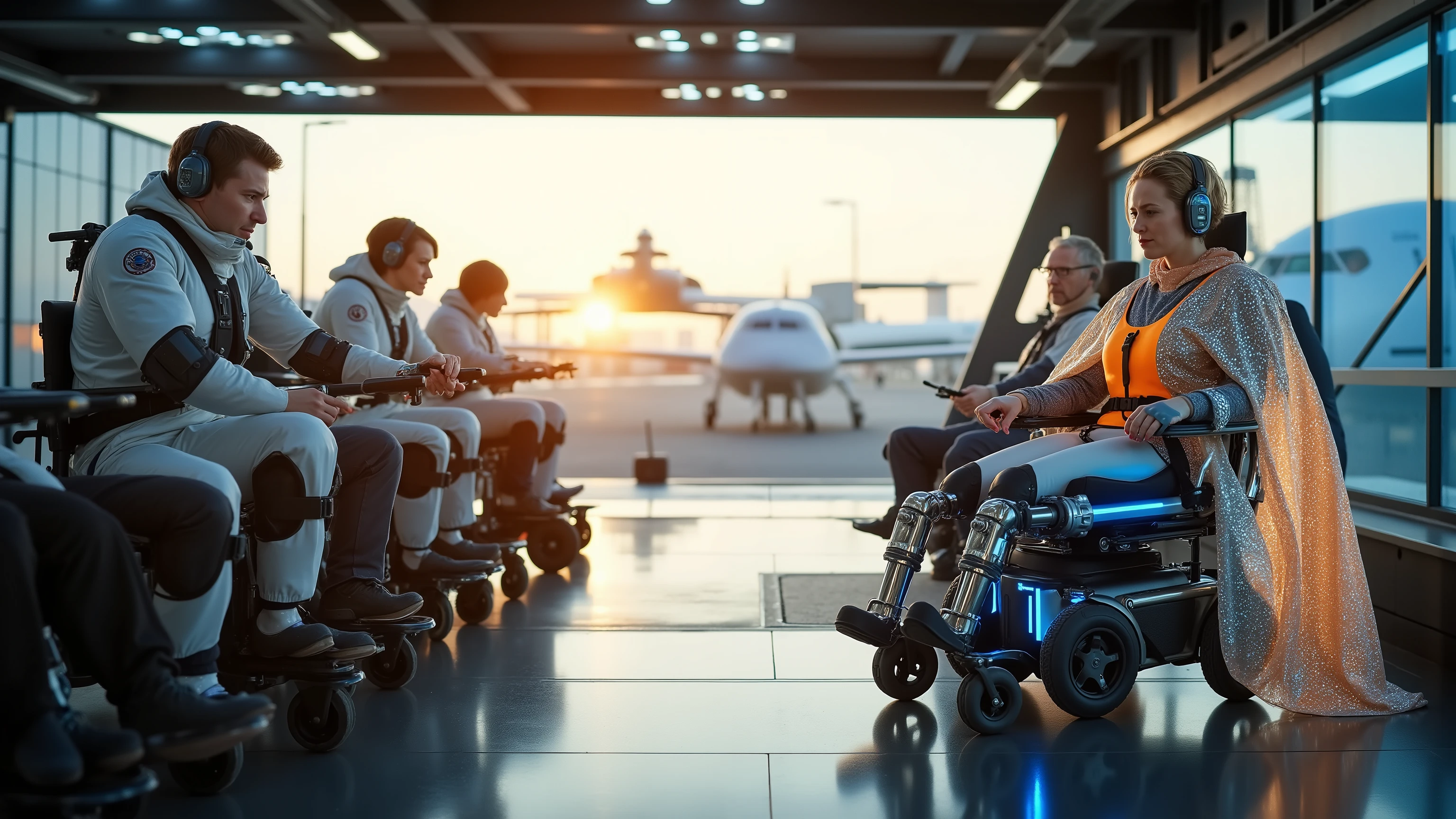 a panoramic view of a futuristic spaceport terminal at golden hour, astronauts in sleek white latex suits with illuminated blue accents operate control panels, a woman in a mechanized wheelchair with chrome exoskeleton legs wears a shimmering silver holographic cape, glowing orange safety harness visible beneath her transparent visor helmet, runway lights reflecting on polished floors with spacecraft docking in background