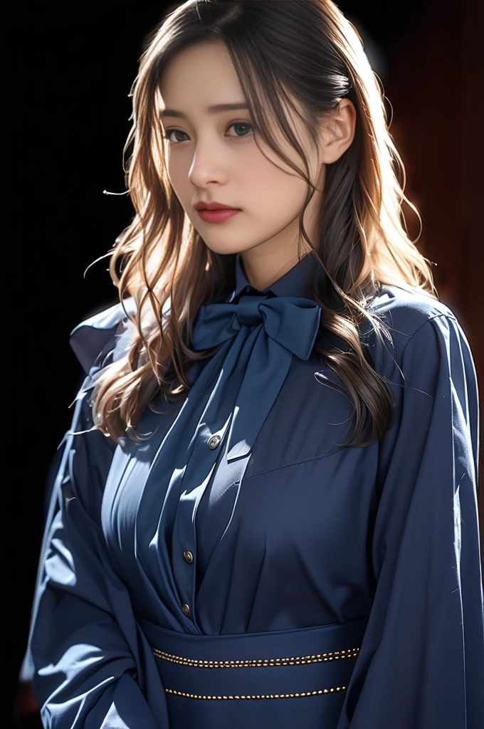 (front focus), (in the dark:1.6), Hyperrealist portrait of female by david hockney and alphonse mucha, fantasy art, photo realistic, dynamic lighting, artstation, poster, volumetric lighting, very detailed faces, 4 k, award winning, 1girl, in the dark, deep shadow, low key, cowboy shot, (official clothing:1.4), long hair, white hair