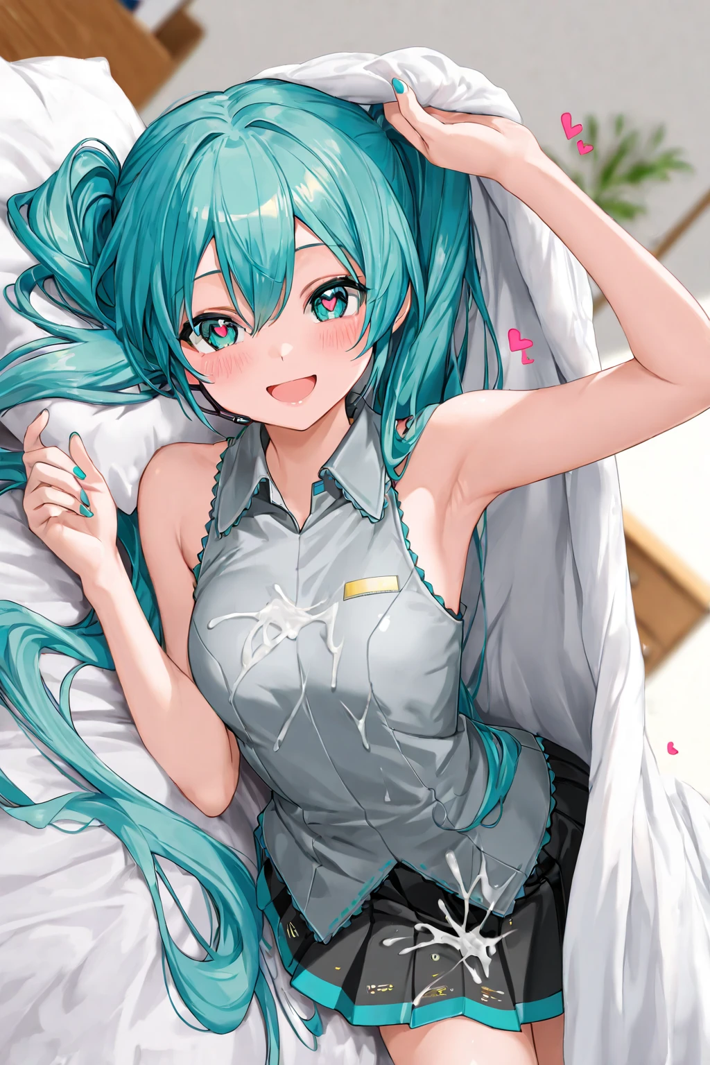 lum invader, detailed, anime, (torn nurse uniform: 1.2), masterpiece, best quality, open mouth, fang, ultra-detailed, yellow eyes, Pretty eyes, Detailed face, Pretty girl, Big chest, Blushing, (Wet: 1.2), breasts,  slip, (:1.2), (: 1.2), (in a ward full of men: 1.2), (heart shaped pupils: 1.5)