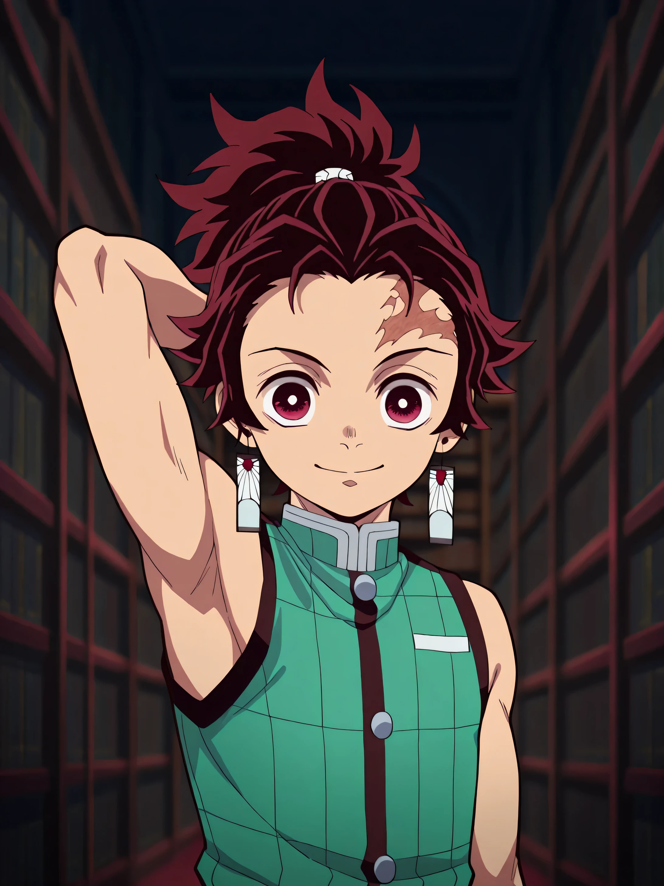 tanjirou_kamado, red hair, red eyes, short hair, scar, facial scar, forehead scar, ponytail,tanjirou_kamado, red hair, red eyes, ponytail, Anime style, High resolution, Masterpiece, Best quality, High quality illustration, Best quality, high quality, high detail, Depth of field, Anime screenshot style, Tanjiro, 1 boy, Little boy, Shota, Single person, Red hair, handsome boy, cute face, adorable boy, library, Solo, View of audience, Cheerful boy, Sleeveless vest, Body, Front view, (showing armpits: 1.3), boy focus, Uhd, 4k