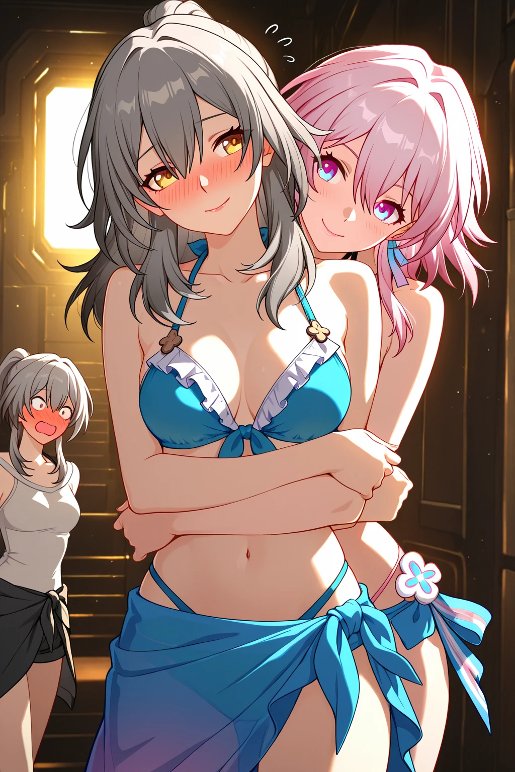 ((masterpiece, best quality, ultra quality, high quality, hyper detailed, intricate detailed, perfect , shiny skin, cowboy shot,)), (3 women:1.5), cute women are posing for a camera, (In the tavern at night) , (Lifting SHIRT:1.3), (open your mouth and laugh:1.3), ray tracing, ((tits)), (small ), , breasts, hair band, headband, hair bobbles, blouse, shirt,  (line up in a row), 12 talents、13 years old、14 years old、15 years old、 Asian, Westerner, silver hair, brown hair, blond hair, navel, jewelry, looking at viewer, necklace, long hair, short hair, (abs),(Depth of the bounds written), ,