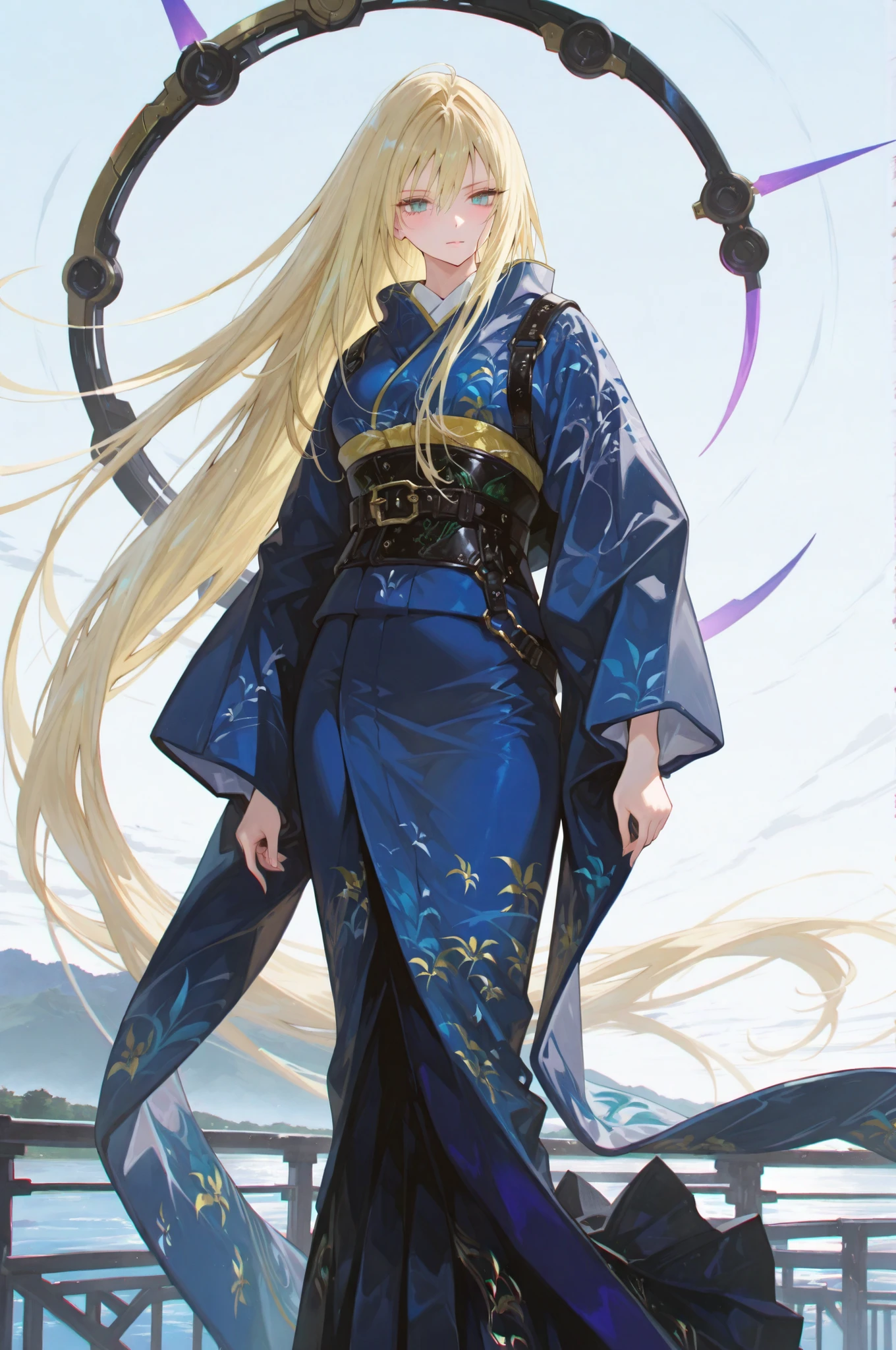 (masterpiece:1.5, ultra-detailed, in the style of Oh! Great, sharp line art, blonde-haired girl with long flowing hair, wearing futuristic kimono-style jacket with mechanical patterns, belt harness, and flowing skirt panels, standing in elegant strong pose with hair and cloth floating, clear daylight, wind effects, cinematic perspective, vibrant rimlight, elegant yet fierce presence)