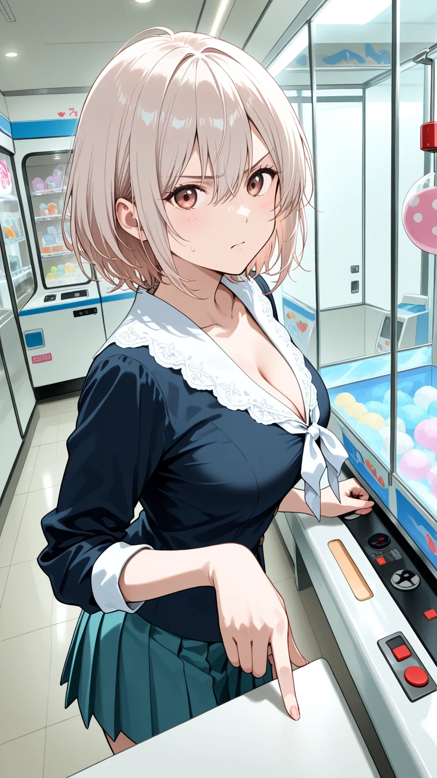 4K，One Girl, MS. end，thin，Very short stature，Very thin thighs，Blunt bangs，Short dress shirt, Half sleeves，Red Suspender ，blush, smile, Bobcut, Black Hair，Vibrant colors, ，A lot of  drips down her thighs onto the floor，(remote_play))，remote-vibrating-egg，((Someone else's hand holding a pink round remote control:1.3))、Ecstatic expression，Accurate and detailed female fingers，