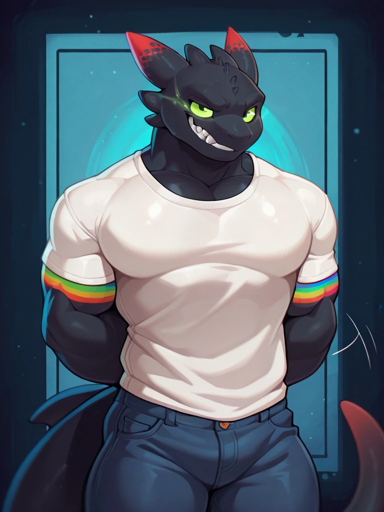 A male orange chubby anthropomorphic lizard with cyan stripes wearing, a blue jacket, glasses, black jeans, a white tanktop, and a blue beanie, waveing, solo