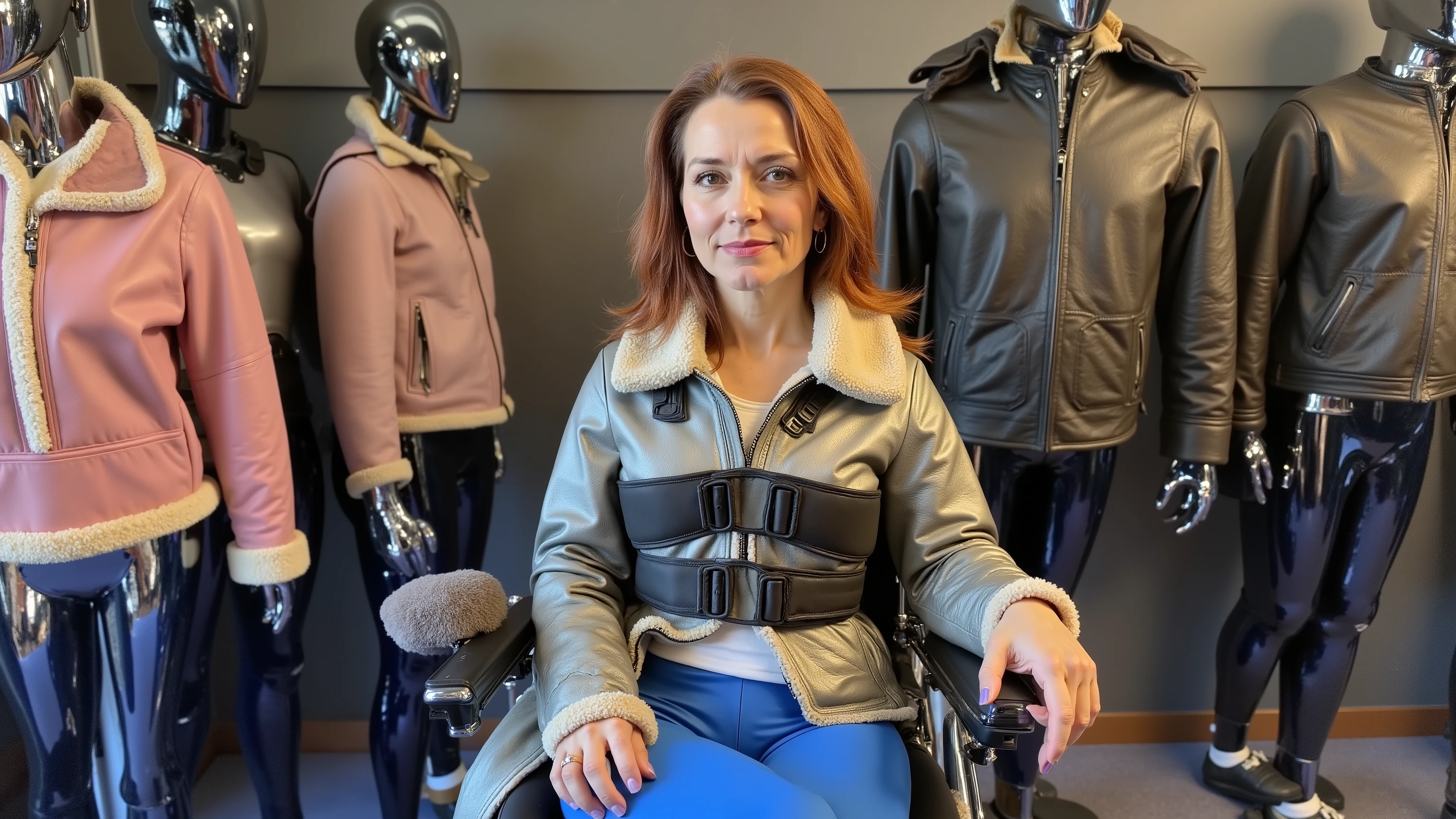 ,a wide angle image of a 38 year old woman with long red hair, tall woman, sitting in a powered wheelchair, in a futuristic leather store, leather jackets on a rack near her, the woman has her hand on a pink leather jacket, the woman is wearing a brnfurlthrjktrev vintage leather jacket with a fur trimmed collar of soft off white sheepskin fur, the womans jacket is bright silver polished leather with light dust and grime from age, the woman wears shining blue leather pants, the woman wears a shiny black padded neoprene wheelchair harness on her that covers her in a warm heavy tight embrace with five heavy straps restraining her