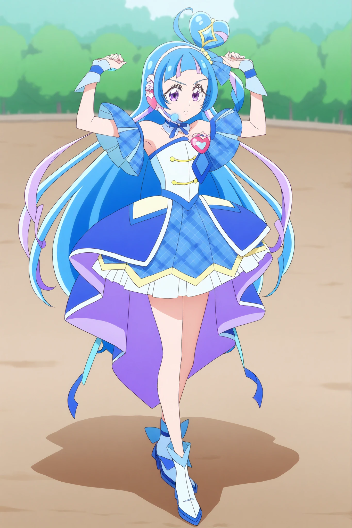 cure wink, kimi to idol precure, blue hair, magical girl, mini crown, purple eyes, blue dress, tilted headwear, very long hair, blunt bangs,  shoulders, hairband, two-tone hair, purple hair, jewelry, idol clothes, idol, masterpiece, best quality, newest, absurdres, CG, anime, source anime, illustration,heart brooch, headset, thigh,  outdoor ,park, closed mouth ,rouge lips,large  ,raise up arms, lift up a big stone ,serious ,full body