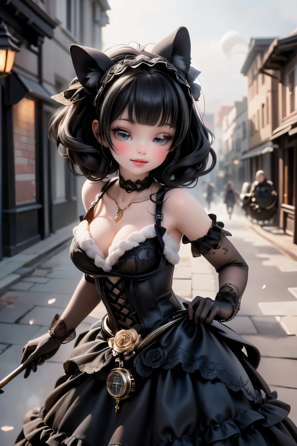 mid-rotation pose, twirling slowly on a frost-dusted brass balcony in the City of Steam and Lights at night. Her voluminous gothic gown — black satin over layers of charcoal tulle with silver gear-embroidered hem — lifts and spirals around her, (black hair), revealing delicate lace petticoats and a glimpse of clockwork-patterned stockings. She wears elbow-length lace gloves, a choker with a tiny ticking locket, and a hairpin shaped like a frozen black rose. Snowflakes swirl in her wake, catching light from glowing amber lanterns and distant stained-glass windows with subtle holly motifs. Behind her, steam rises in soft curls from rooftop vents shaped like griffins. Her expression is serene, eyes half-closed, lips parted — lost in a dreamy waltz. Romantic, cinematic motion blur on the skirt’s edge, sharp focus on her face and locket. Gothic steampunk winter fashion in motion. fashion illustration, dynamic pose, chiaroscuro lighting, elegant motion, winter fantasy. (((parade)))