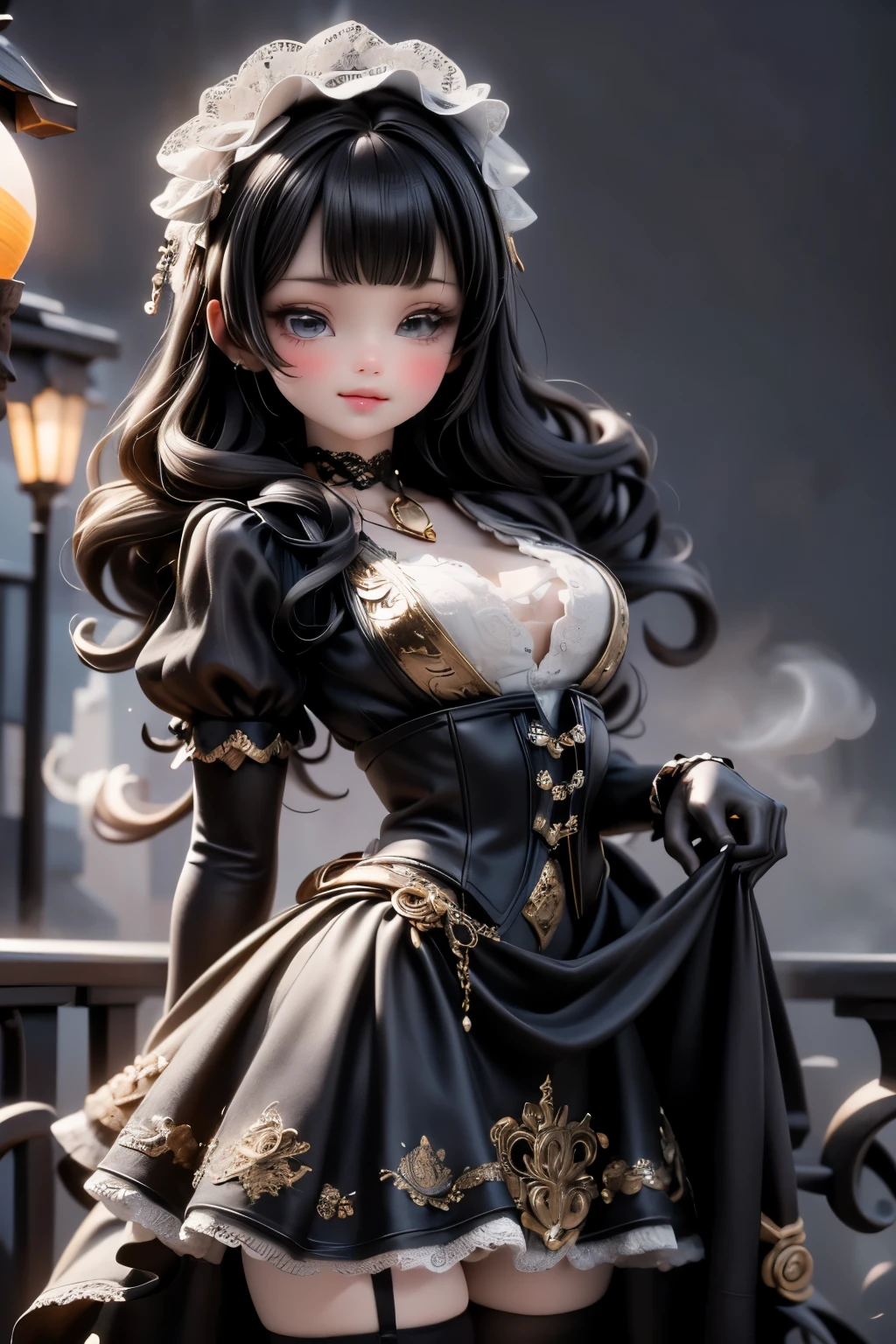 mid-rotation pose, twirling slowly on a frost-dusted brass balcony in the City of Steam and Lights at night. Her voluminous gothic gown — black satin over layers of charcoal tulle with silver gear-embroidered hem — lifts and spirals around her, (black hair), revealing delicate lace petticoats and a glimpse of clockwork-patterned stockings. She wears elbow-length lace gloves, a choker with a tiny ticking locket, and a hairpin shaped like a frozen black rose. Snowflakes swirl in her wake, catching light from glowing amber lanterns and distant stained-glass windows with subtle holly motifs. Behind her, steam rises in soft curls from rooftop vents shaped like griffins. Her expression is serene, eyes half-closed, lips parted — lost in a dreamy waltz. Romantic, cinematic motion blur on the skirt’s edge, sharp focus on her face and locket. Gothic steampunk winter fashion in motion. fashion illustration, dynamic pose, chiaroscuro lighting, elegant motion, winter fantasy. (((parade))). dynamic fabric flow, skirt in mid-sway, frozen motion elegance