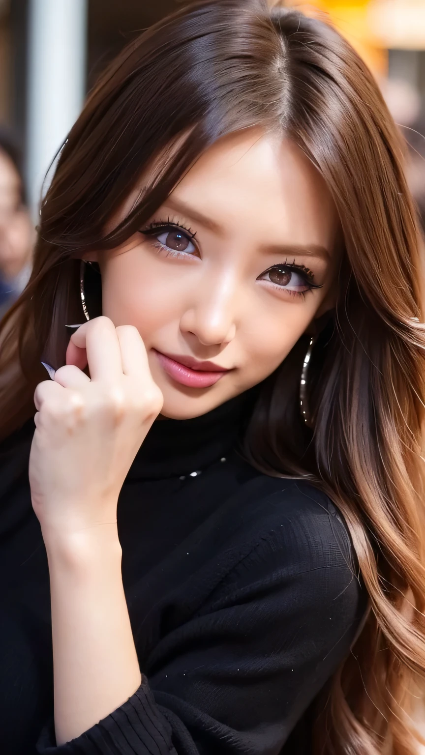 ( COWBOY SHOOTING 、 top quality、8k、 award-winning works 、 ultra high definition )、 beautiful woman、( Black sweater , cleavage:1.1)、Perfect 、( blonde alone :1.1)、 beautiful skin that shines with bright, shiny lipstick 、 a lot of people stand out with clear images 、 bright color contacts 、Perfect gal makeup、 Perfect for an adorable companion 、The sleeve is torn 、( Dark makeup for women :1.2)、( dark brown beige around the eyes :1.1)、 Beautiful Bright Eye Shadow 、 dark makeup around the eyes 、(:1.2)、 super long wavy hair 、(Romantic affection:1.1)、 amazing adult appeal The best smile he has when he sees me 、( there are many people that accentuate body lines ..:1.1)、(Strongly blurred、 a 。:1.1)、( The image is clear 、 jacket :1.1)、 accurate 、 ultra HD hair、( ultra high definition の完璧な美しい歯:1.1)、Ultra HD beautiful face 、 ultra HD hair、 crystal clear bang 、Ultra HD Shining Eyes、輝く ultra high definition の美肌、 ultra high definition の艶やかな唇、 Harry Winston necklace