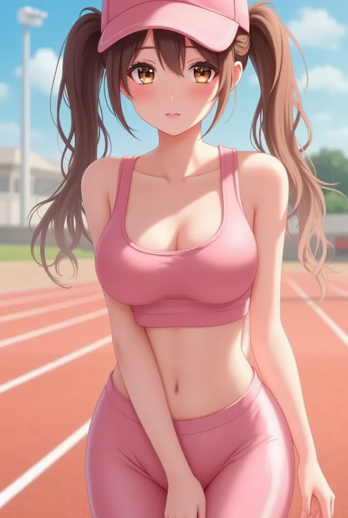 (masterpiece, computer, mejor quality, Clear focus, shadow, of the rays of God, Ultra high resolution, 8K, anatomía perfecta, perfect face, (detailed face), (detailed eye), score_9, score_8_above, score_7_above, score_6_above, score_5_above, score_4_above, kilde_ animated, Label 1, Label2, quality_masterpiece, Anatomically correct , beautiful face, perfect face, Beautiful and highly detailed face and eyes, Attractive Face , detailed face, Delicate facial features, bare shoulders, huge breasts, breast size cup D or DD, wide hips, gigantic butt, thick thighs. looking at the viewer. fantastic environment. anime-style illustration with an elegant, slim build and pronounced bust, of long brown hair with pigtails and pink sports cap, tight and low-cut sports equipment on an athletic track. has an embarrassed expression, with flushed cheeks and drops of sweat on the face. The artistic style uses soft lines and bright colors, with a focus on transmitting emotion and shyness.