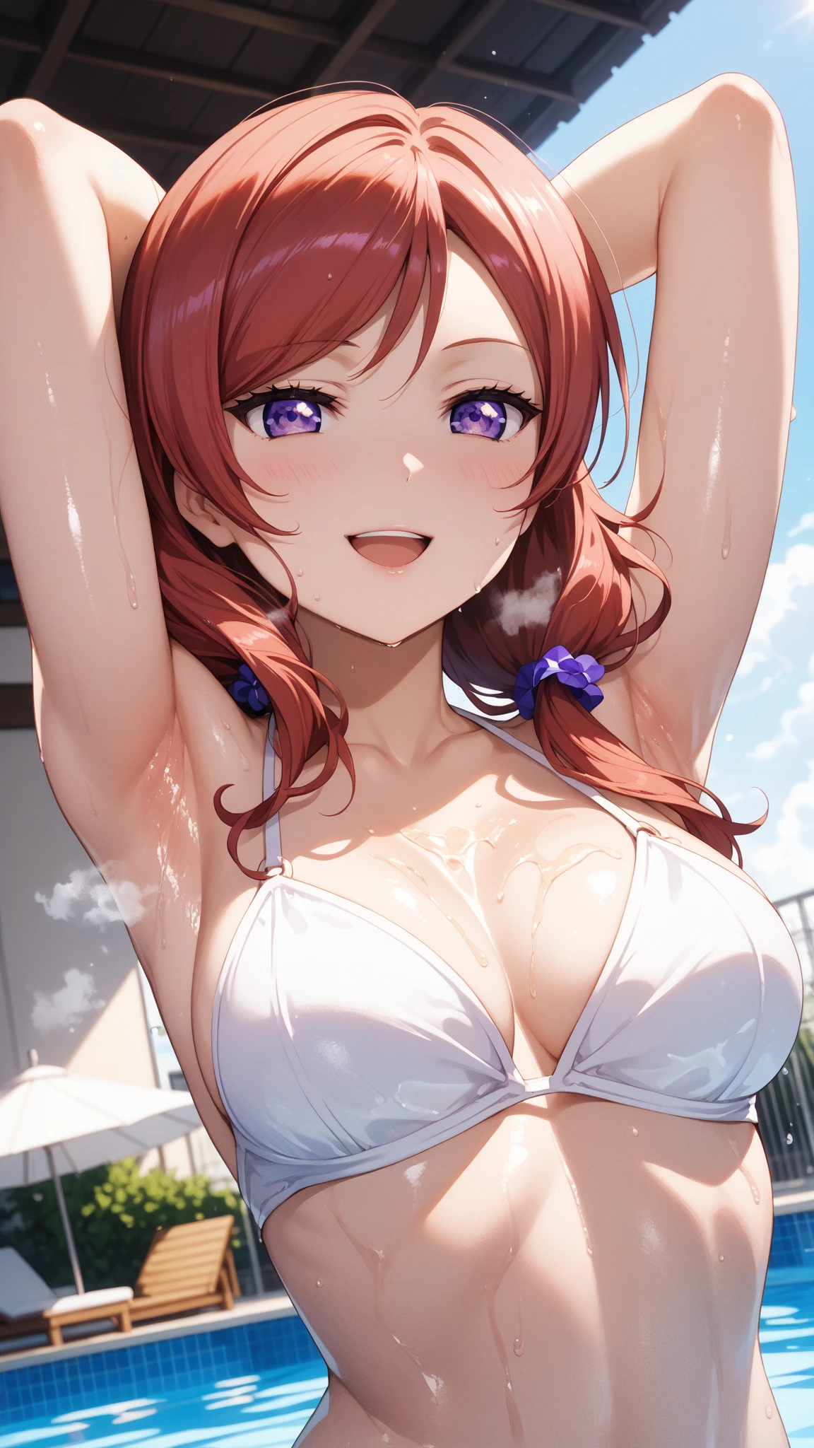 summer、Ocean、blue sky、beautiful girl、bikini、sexy、Low angle、Large Breasts、Red hair
