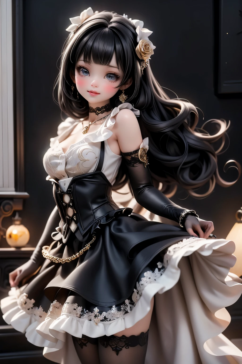 mid-rotation pose, twirling slowly on a frost-dusted brass balcony in the City of Steam and Lights at night. Her voluminous gothic gown — black satin over layers of charcoal tulle with silver gear-embroidered hem — lifts and spirals around her, (black hair), revealing delicate lace petticoats and a glimpse of clockwork-patterned stockings. She wears elbow-length lace gloves, a choker with a tiny ticking locket, and a hairpin shaped like a frozen black rose. Snowflakes swirl in her wake, catching light from glowing amber lanterns and distant stained-glass windows with subtle holly motifs. Behind her, steam rises in soft curls from rooftop vents shaped like griffins. Her expression is serene, eyes half-closed, lips parted — lost in a dreamy waltz. Romantic, cinematic motion blur on the skirt’s edge, sharp focus on her face and locket. Gothic steampunk winter fashion in motion. fashion illustration, dynamic pose, chiaroscuro lighting, elegant motion, winter fantasy. (((parade))). dynamic fabric flow, skirt in mid-sway, frozen motion elegance