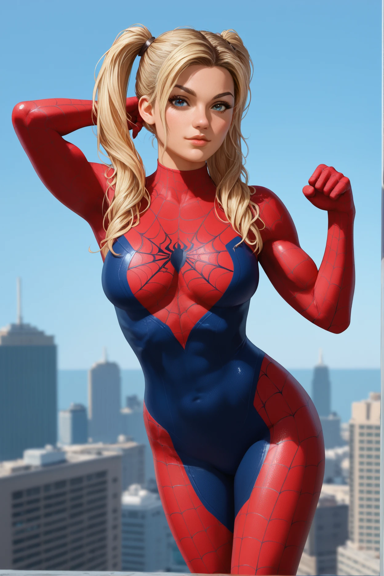 
a woman in a spider - (cameron diaz:1.2) as spiderman, spider woman, 17 years old, ( ( spiderwoman ) ), long blonde pigtails, super hero pose, awesome pose, wearing tight suit, spiderman, spiderman!!, posing like a superhero, spider - man