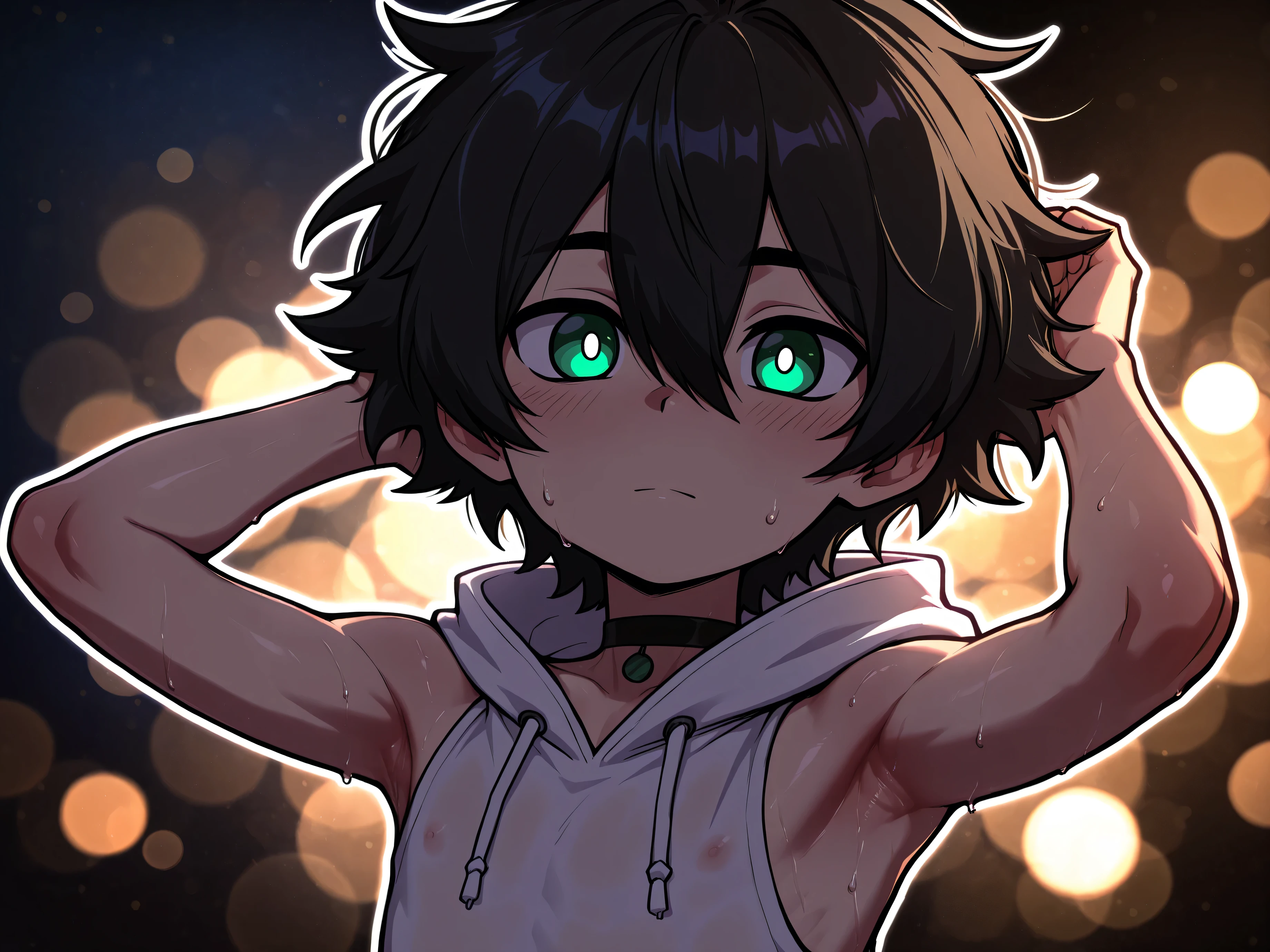 Highres, Masterpiece, Best quality at best,Best Quality,hight quality, hight detailed, Anime style, 1boy, Shota, young boy, Young andy graves, hair between eyes, closed mouth,black hair, green eyes, Slim body, messy hair, look at viewer, Sleeveless hoodie, shoulder, choker, Flat , upper body, White beckground, bright pupils, outline, white pupils, white outline, bold outline, (Showing armpit:1.3), Cute armpit, hansome boy, White beckground, hansome boy, Uhd, bokeh, sweat