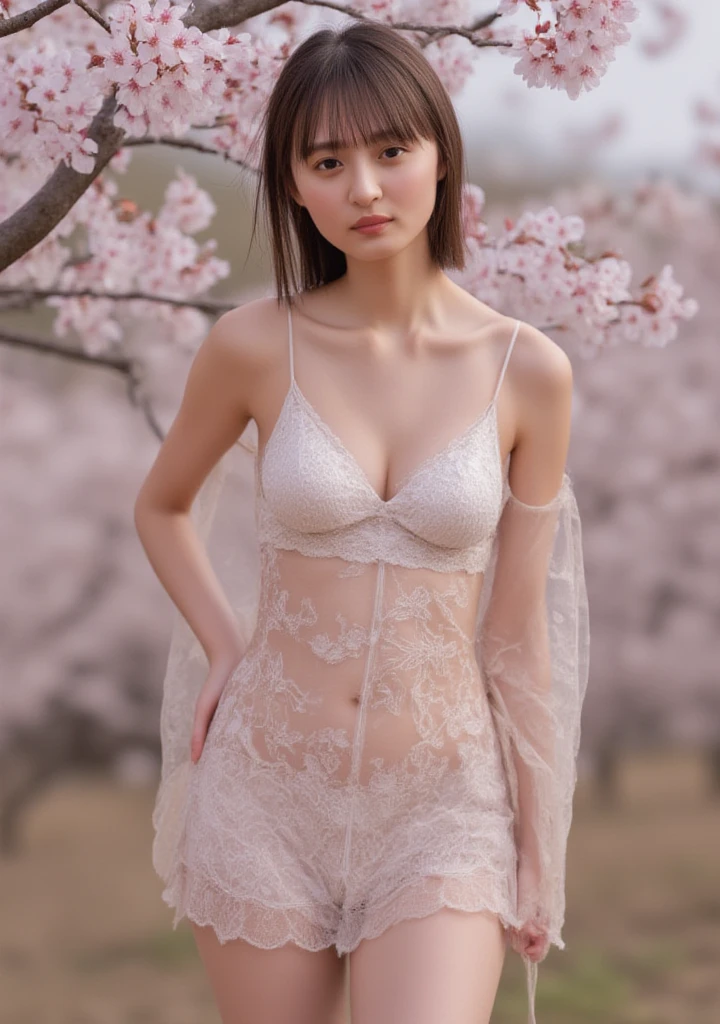 A captivating Japanese beauty, draped in a delicate kimono that subtly hints at the contours of her form. The fabric, almost translucent, dances with each graceful movement, revealing and concealing in a tantalizing rhythm. Her hair is styled in an elegant, traditional updo, adorned with delicate kanzashi, creating a stark contrast with the modern,  allure in her gaze. She stands in a traditional Japanese garden during sakura season, the ethereal pink blossoms complementing the sensual aura that she exudes. Her posture is poised yet inviting, a delicate balance of innocence and allure. The lighting is soft and ethereal, casting a dreamy glow that highlights the intricate textures of her skin and the fabric of her kimono. Every element combines to create a masterpiece of sensuality, rooted in cultural beauty and  sophistication.