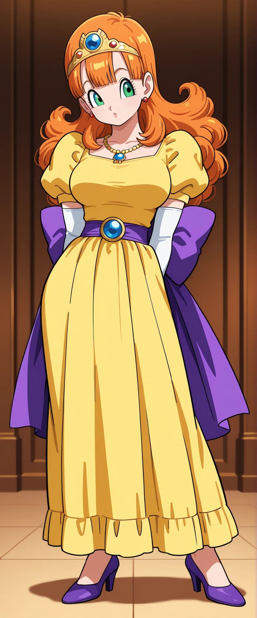 1girl, prcslr, (toriyama akira style:0.6), anime coloring, orange hair, long hair, curly hair, blunt bangs, green eyes, large breasts, tiara, earrings,
necklace, white gloves, elbow gloves, yellow dress, long dress, puffy short sleeves, purple sash, waist bow,
purple high heels,
general,
open stance, (contrapposto:1.2), arms behind back, looking at viewer, full body, front shot,
masterpiece, best quality,
