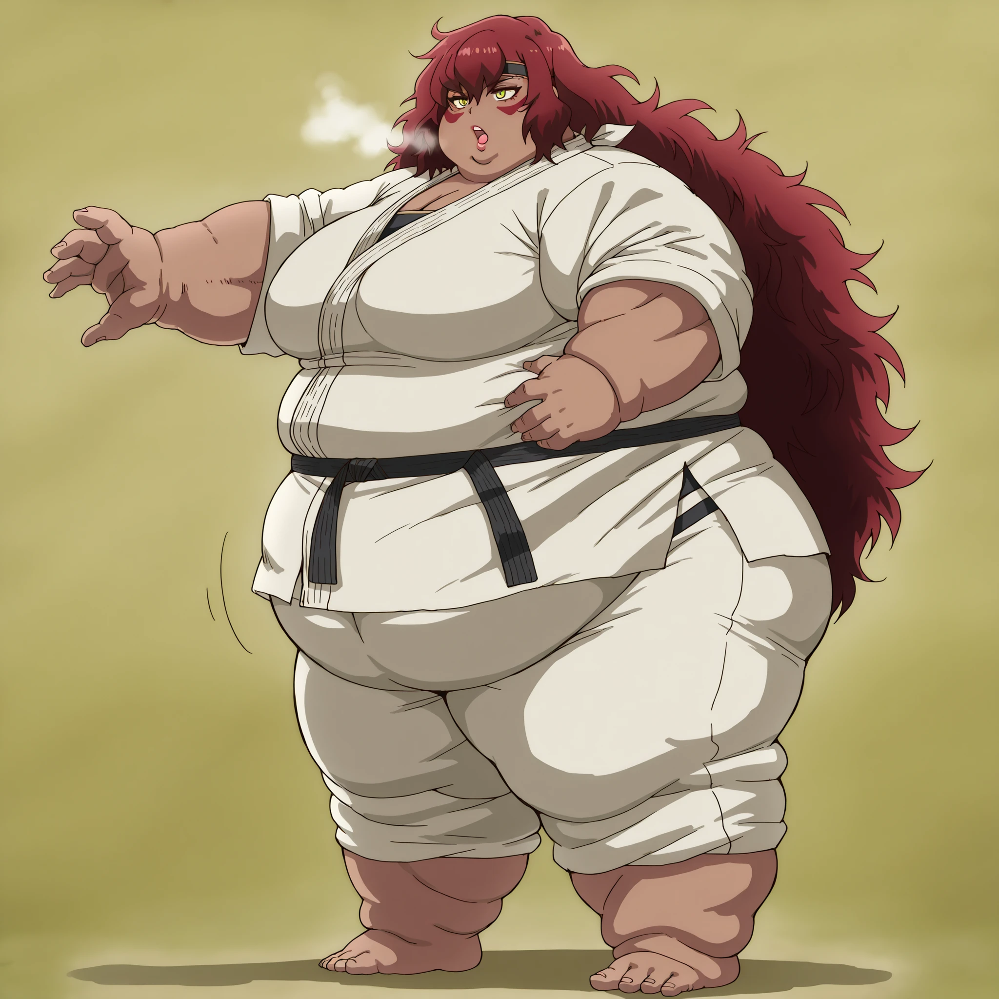 Sus0r4, 1girl, dark skin, tribal, red hair, very long hair, messy hair, hair between eyes, yellow eyes, red facepaint, black headband,
Karate gi, fat, chubby, obese, fat neck, multiple chins, big breasts open mouth, out of breath, Larger female, full body shot, only head, large head, oversized limbs, large hands, large feet, oversized feet, oversized fingers, big lips, plump lips, fat face, fupa, big fupa, fat fupa, hunchback, side view 