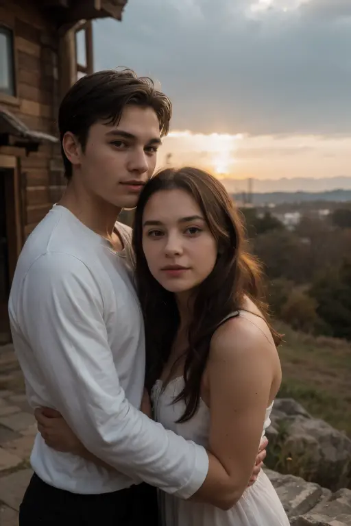 Stunning cinematic aerial photograph capturing a heartwarming moment between a father, son, and daughter, as they embrace in the shape of a heart against a radiant sunset sky. (Silhouette: 1.3) (High-resolution: 1.2) (Dad: 40 years old) (Son: 10 years old) (Daughter: 8 years old) (Brown hair and eyes for father and son, blue hair and eyes for daughter) (Cheerful expressions on their faces) (Closed mouths, beautiful lips) (Intricate details) (Shallow depth of field, highly detailed) (High-budget,