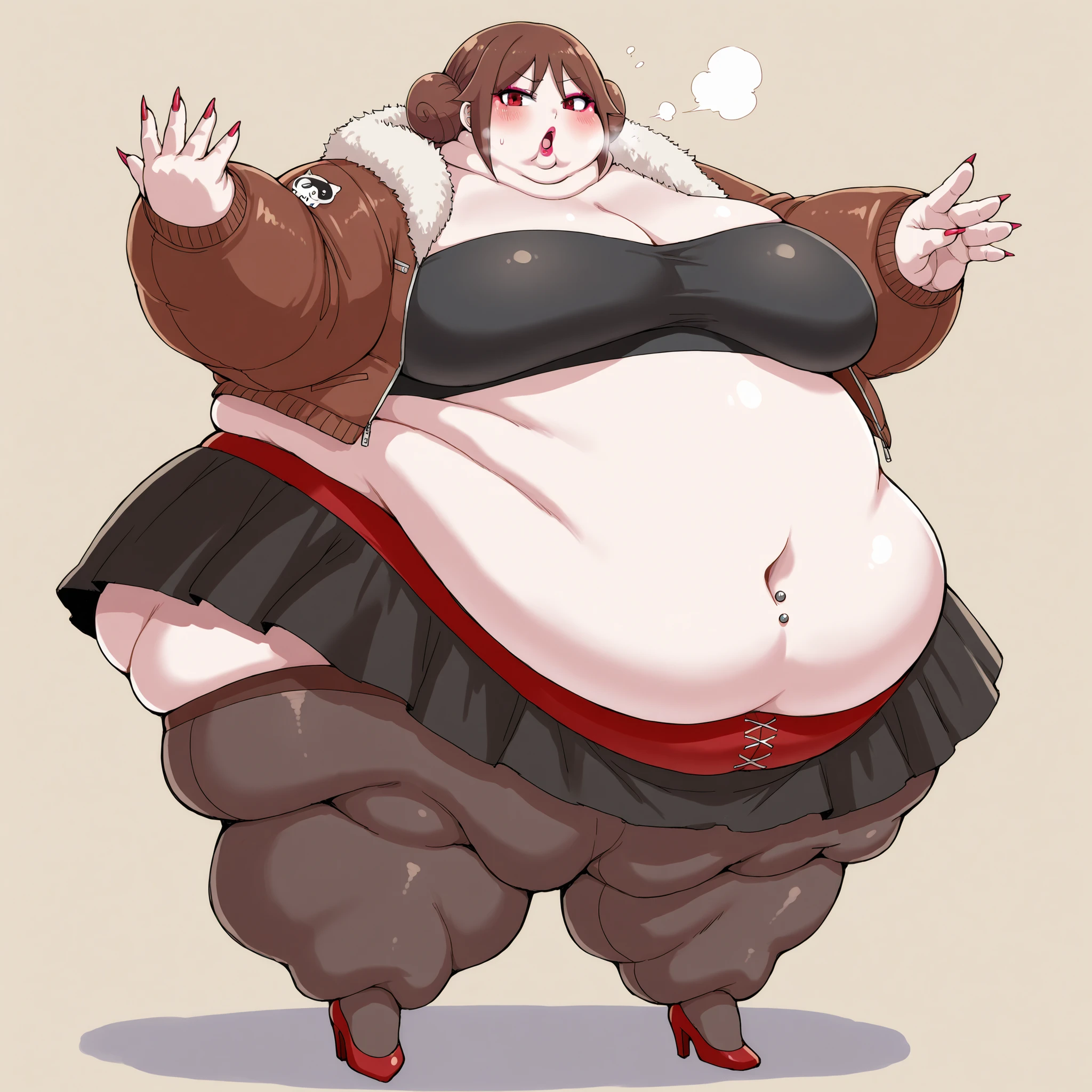 yuzuki tachibana, 1girl, solo, looking at viewer, blush, brown hair, red eyes, hair bun, furr jacket, tube top, midriff, belly button piercing, skirt, stockings, high heels, long nails, makeup, lipstick, fat, chubby, obese, fat neck, multiple chins, big breasts open mouth, out of breath, Larger female, full body shot, only head, large head, oversized limbs, large hands, large feet, oversized feet, oversized fingers, big lips, plump lips, fat face, fupa, big fupa, fat fupa, hunchback,  