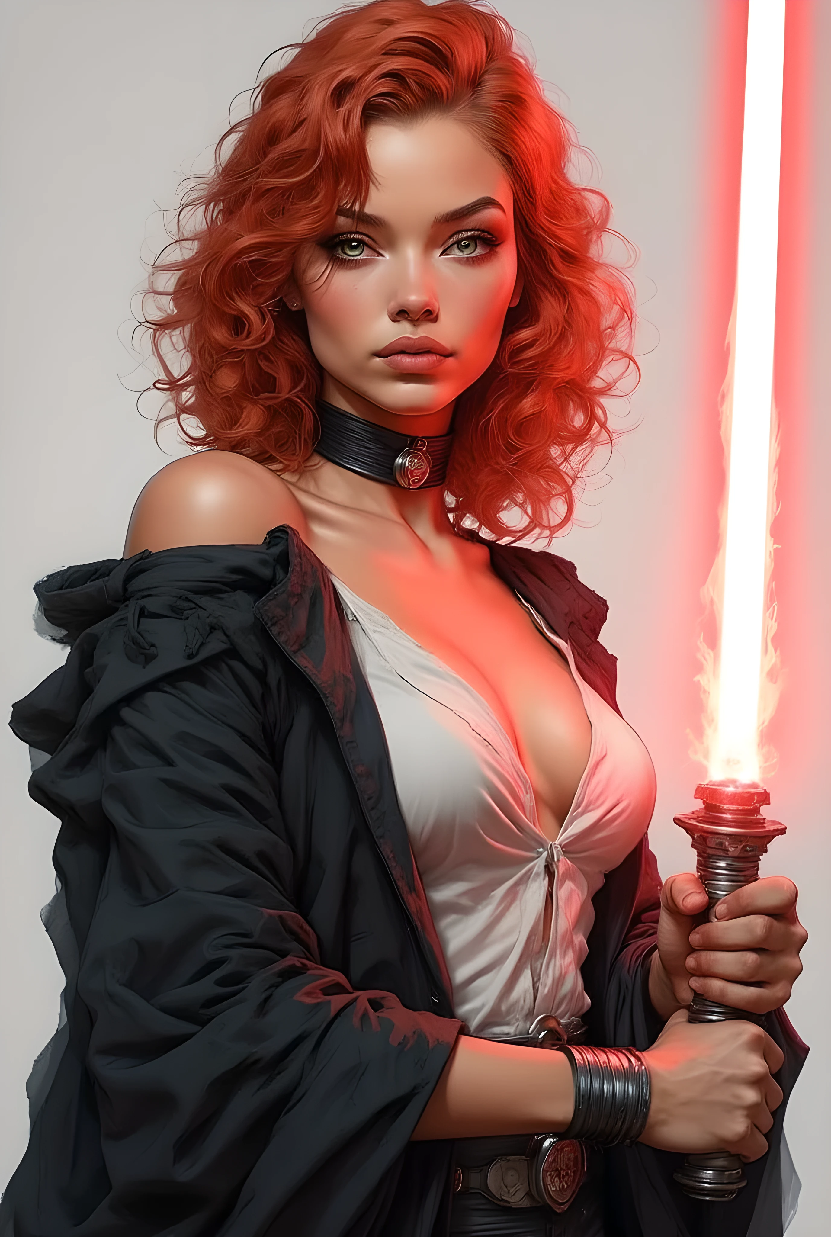 masterpiece, 8k resolution, ultra detailed, pastel color palette, beige skin surface, bright pink and light blue highlights. A beautiful, commanding Mara Jade as a Sith Lord. She has vibrant wavy red hair, piercing green eyes, and fair, alabaster skin.
Attire & Pose: She wears the classic Sith tunic (or robes) reimagined with a sultry, pin-up style open to accentuate the cleavage/breast area. Over this, she wears a long, flowing black coat. Her expression is a sly, confident smile, suggesting she is waiting for an attack. She holds a perfectly detailed, ignited red lightsaber in her flawlessly rendered hands. Well-balanced neutral neon lighting, high contrast, high saturation. Magazine quality