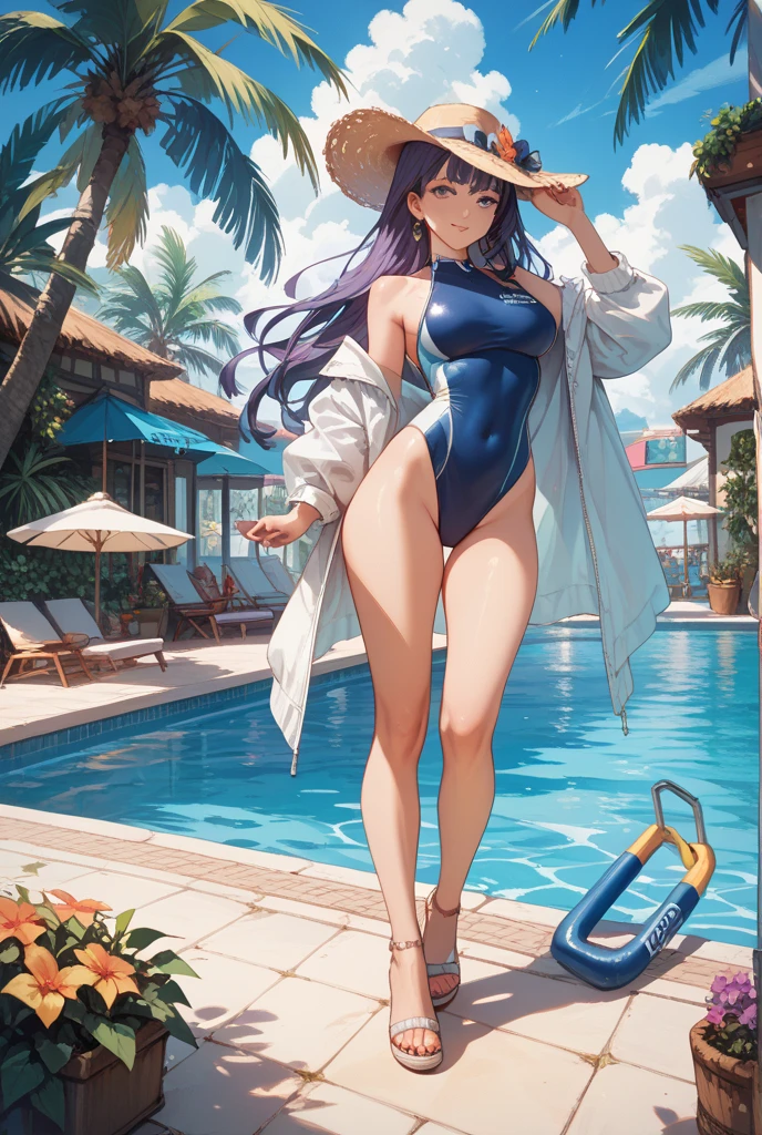 1girl, solo, mature, tracii, white swimsuit, laying on deck-chair, dark blue ice arms, dark blue ice legs, drinking red cocktail, dynamic angle, beach, blue sky, summer, clouds, daytime,
masterpiece, best quality, amazing quality, very aesthetic, absurdres,  newest, 4k, (scenery, volumetric lighting), 