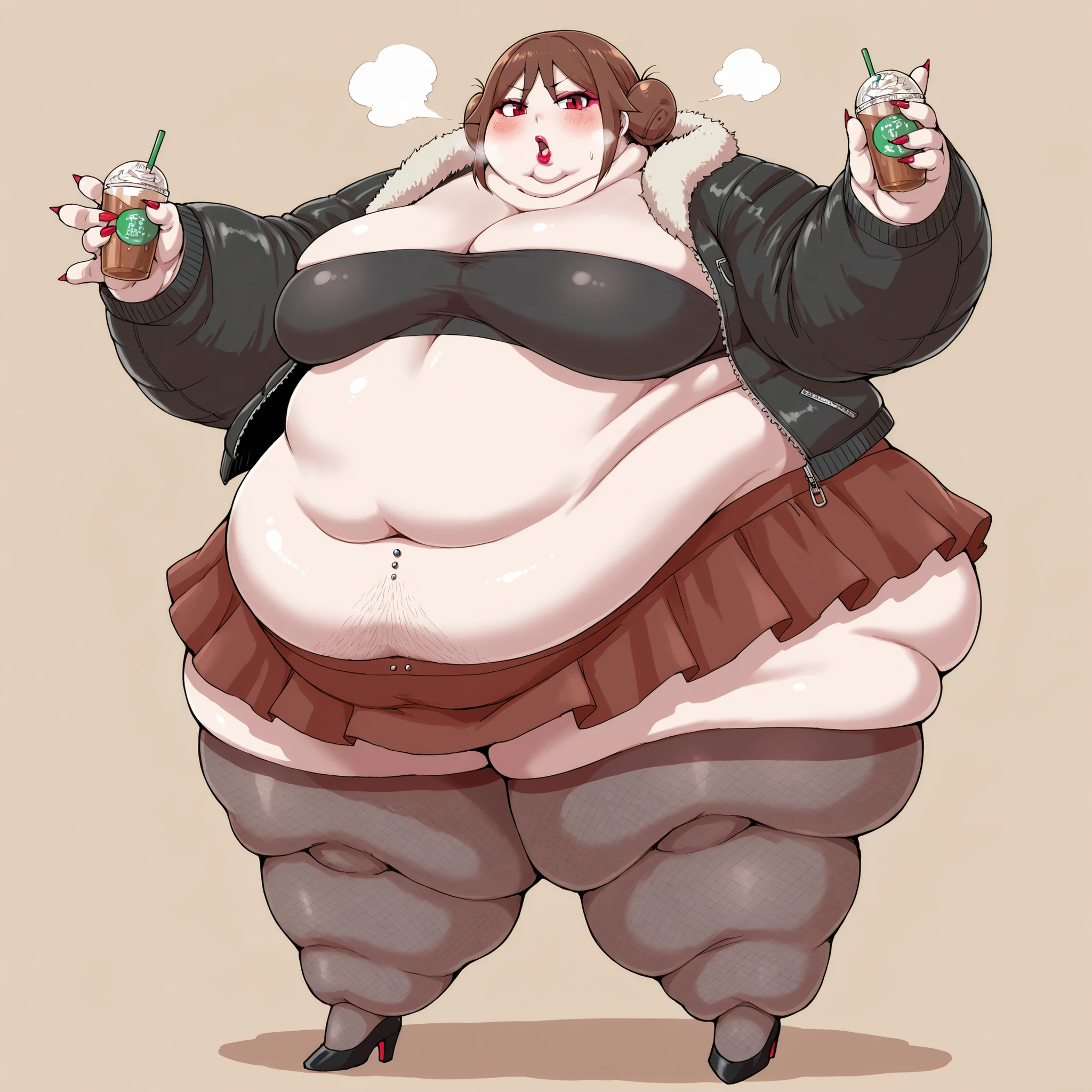 yuzuki tachibana, 1girl, solo, looking at viewer, blush, brown hair, red eyes, hair bun, furr jacket, tube top, midriff, belly button piercing, skirt, stockings, high heels, long nails, makeup, lipstick, fat, chubby, obese, fat neck, multiple chins, big breasts open mouth, out of breath, Larger female, full body shot, only head, large head, oversized limbs, large hands, large feet, oversized feet, oversized fingers, big lips, plump lips, fat face, fupa, big fupa, fat fupa, hunchback, pubic hair, hairy, at a bar, drinking